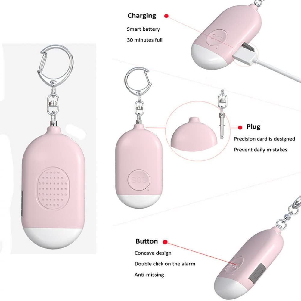 130Db Seniors SOS anti Rape Alarm Keychain Panic Emergency Alarm & LED Flashlight. USB Rechargeable or Women, Men, Kids, Elderly, and Joggers, Pink image number 5