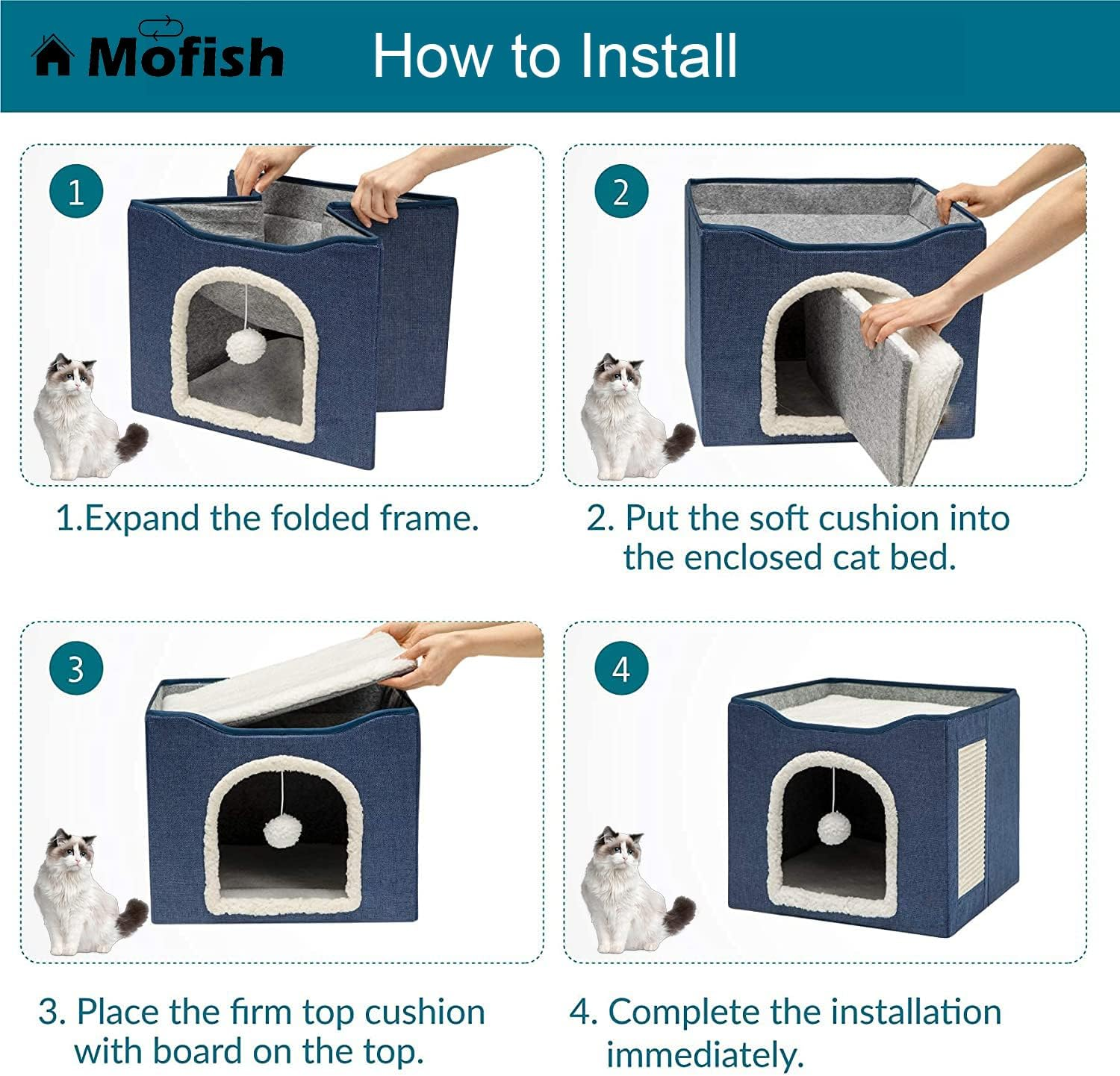 Mofish Cat Beds for Indoor Cats,Large Pet Cat Cube House Foldable with Ball Hanging and Scratch Pad,Soft and Self Warming Cat Cando Cave & Furniture,Kitten Shelter with Warm Plush Bed image number 3