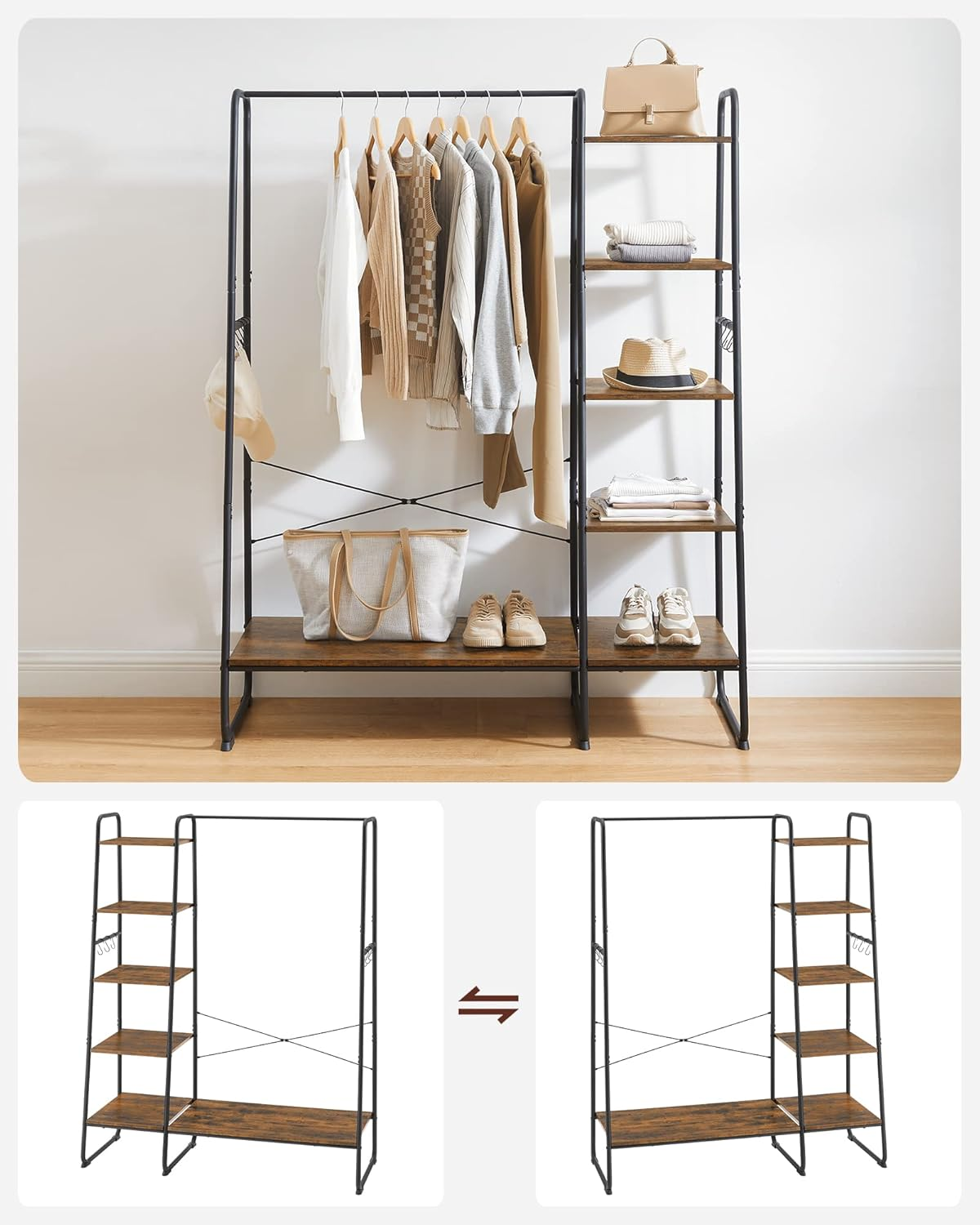 VASAGLE Clothes Rack, Clothing Rack with Shoe Shelf, 5-Tier Storage Rack, 6 Side Hooks, for Bedroom, Living Room, Rustic Brown and Black URGR116B01 image number 6