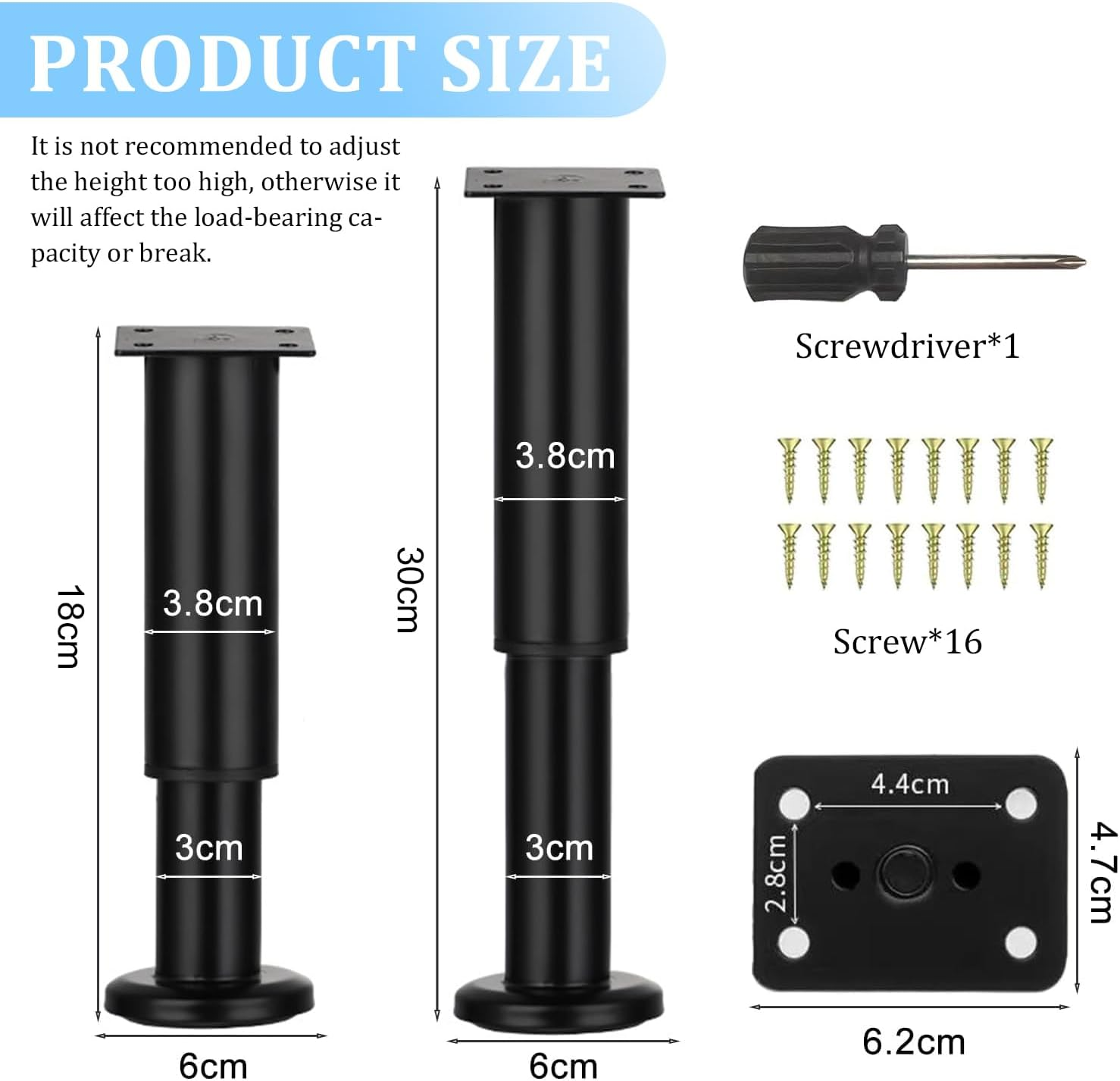 4Pcs Adjustable Height Bed Support Legs, Retractable 18-30CM Furniture Support Leg, Metal Heavy Duty Furniture Replacement Legs with Screws and Screwdriver, for Sofa, Bed, Closet Etc. image number 2