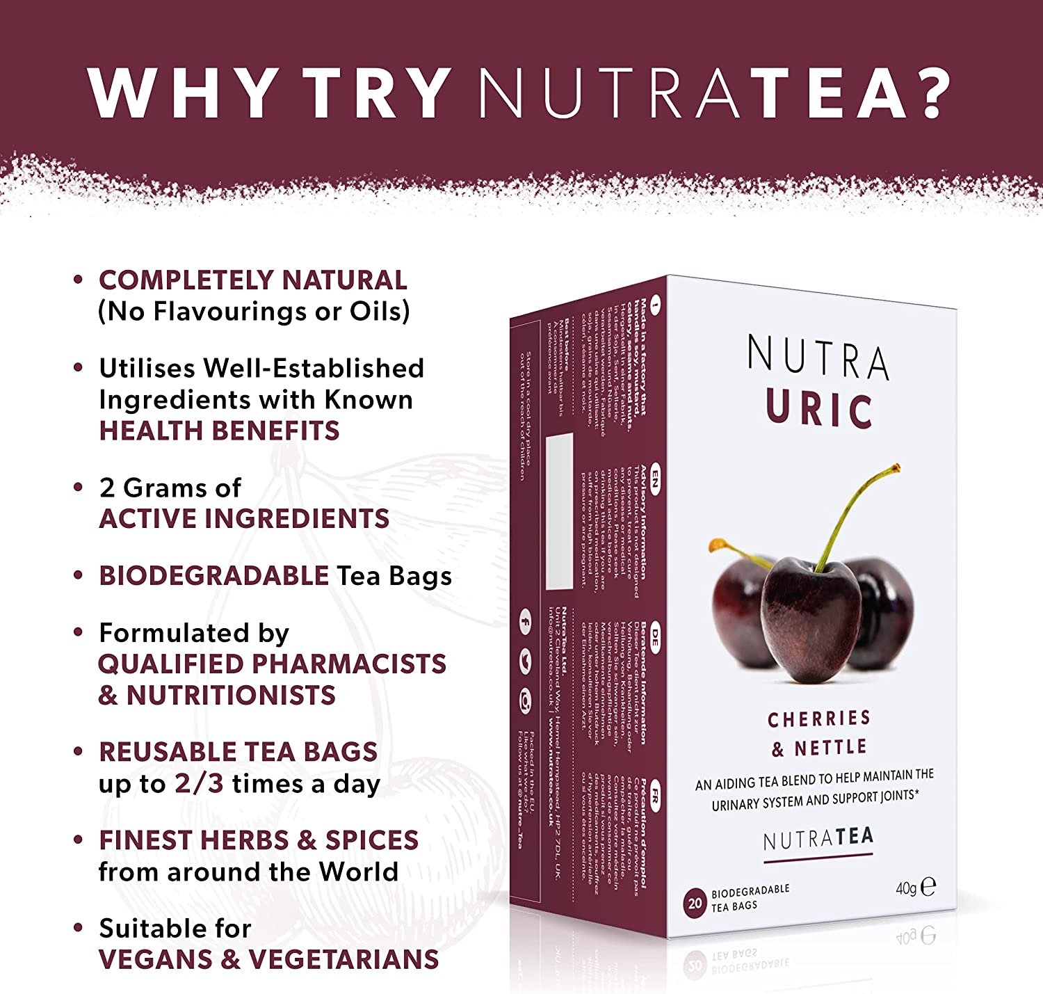 NUTRAURIC - Uric Acid Support - Containing Natural Cherry & Nettle - 40 Enveloped Tea Bags - by Nutra Tea - Herbal Tea - (2 Pack) image number 3