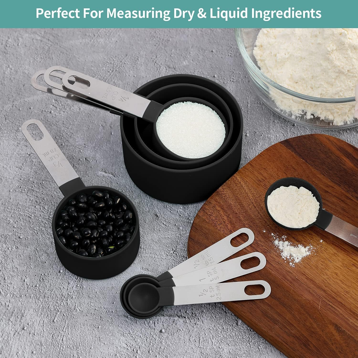 8 Pcs Measuring Cups and Spoons Set, Stackable Black Measuring Spoons for Measuring Dry and Liquid Ingredients Small Teaspoon with Plastic Head&hellip;