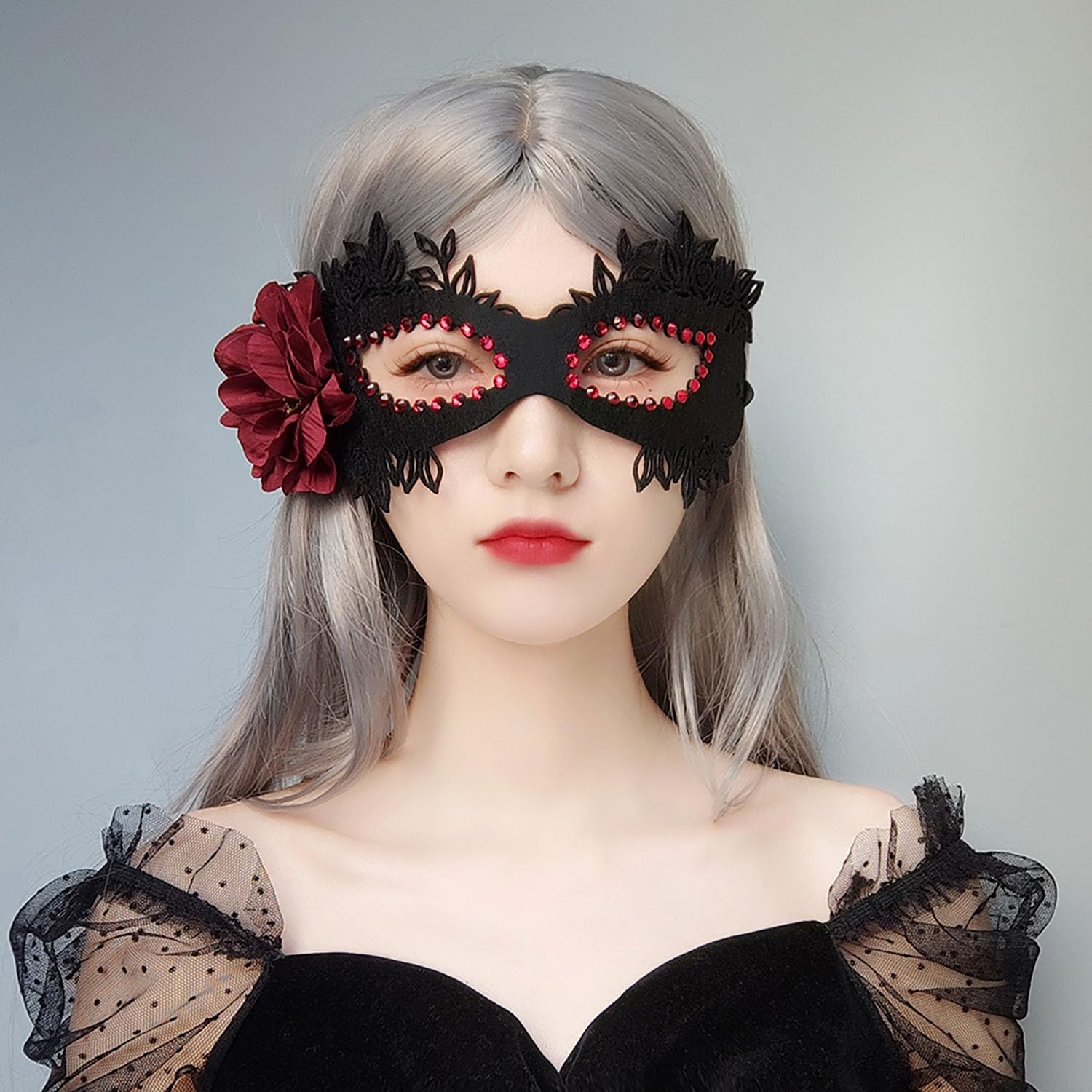 Therian Masquerade Mask for Women - Dark Red Rose Lace with Shiny Rhinestones, Half Face Costume for Cosplay, Carnival, Prom, Party image number 3