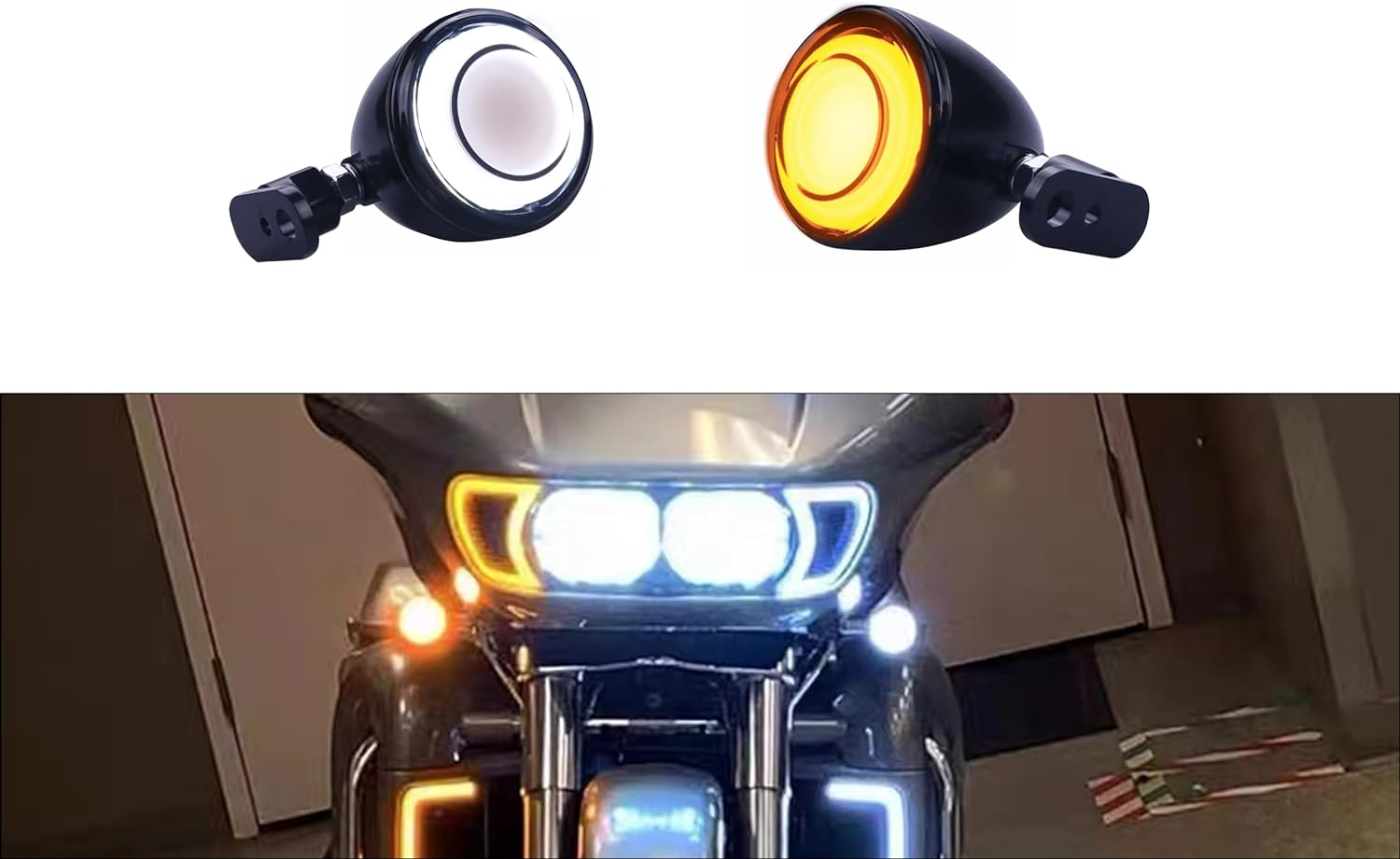 Smoked Motorcycle Switchback Front LED Turn Signals with Relocation Kit Bullet Running Lights Compatible with Dyna Street Glide Softail Harley Sportster 883 1200 Touring Road King 1986-2024 image number 2