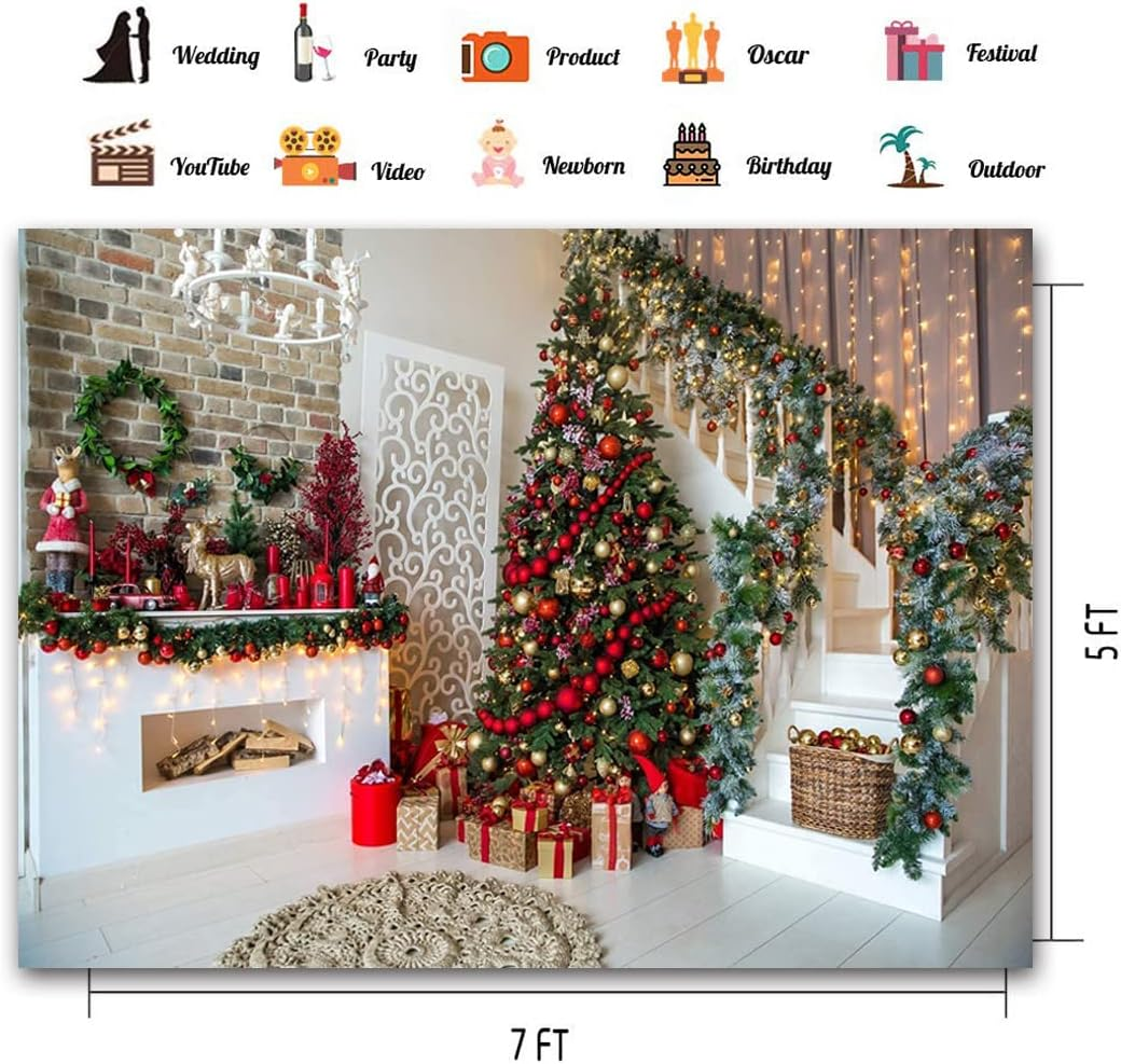 CHAIYA 7X5Ft Christmas Backdrops Christmas Fireplace Photography Background Xmas Tree Gift Holiday Party Decoration Children Family Xmas Birthday Party Decor Banner CY-189 image number 2