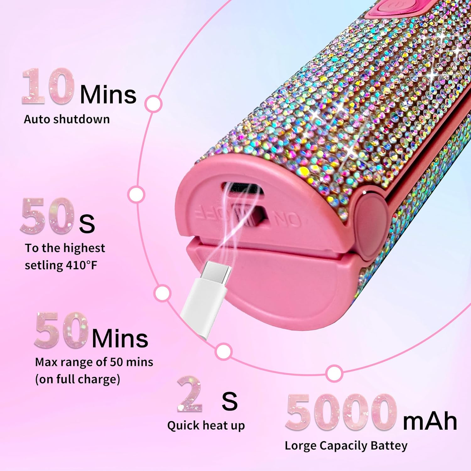 Cordless Hair Straightener, Portable Straightener 2 in 1 for Hair Straightening and Curling, Fast Heating Flat Iron, Cordless Curling Iron 5000Mah Rechargable for Travel (Mermaid) image number 5