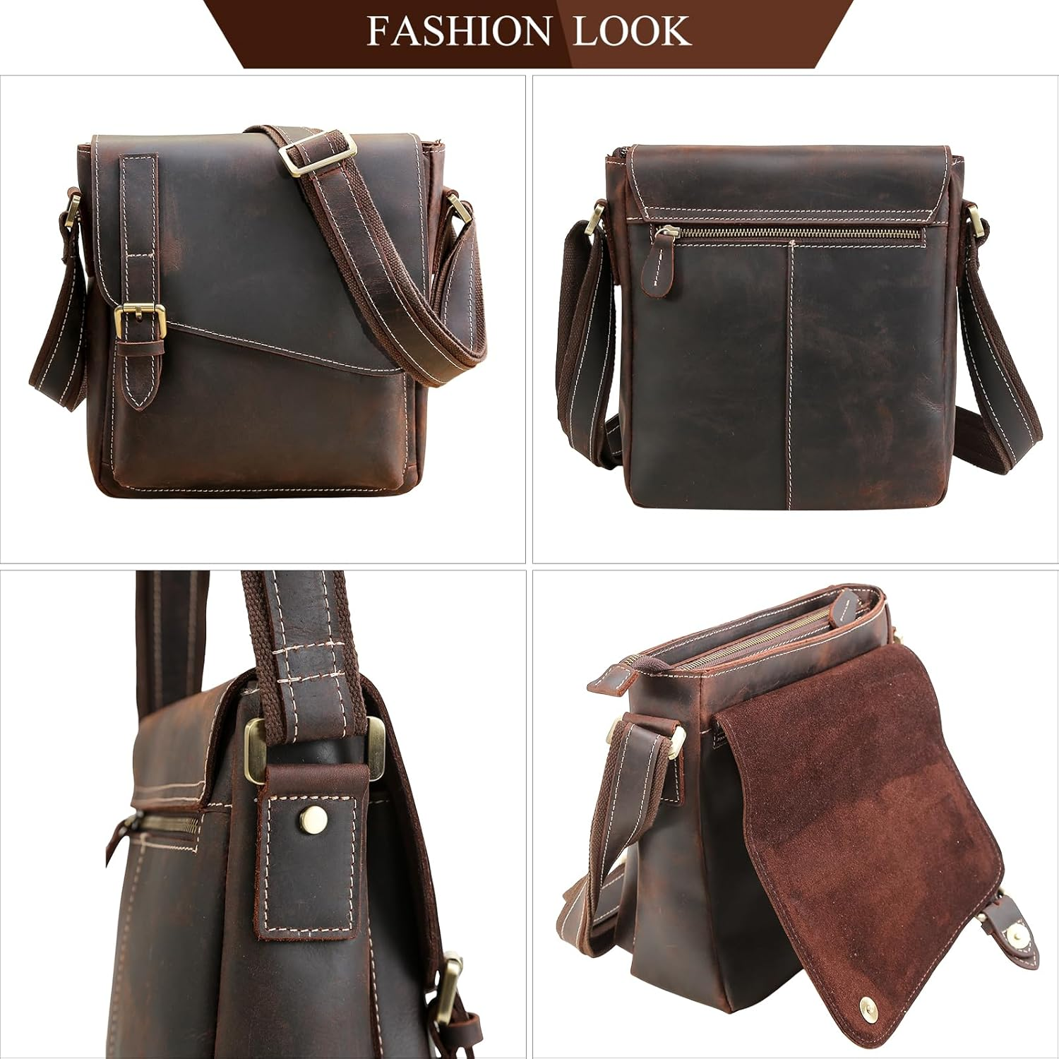 TIDING Vintage Leather Crossbody Bag for Men Women Messenger Bag Fits 10 Inch Tablet Flap over Man Purse Handbag image number 3