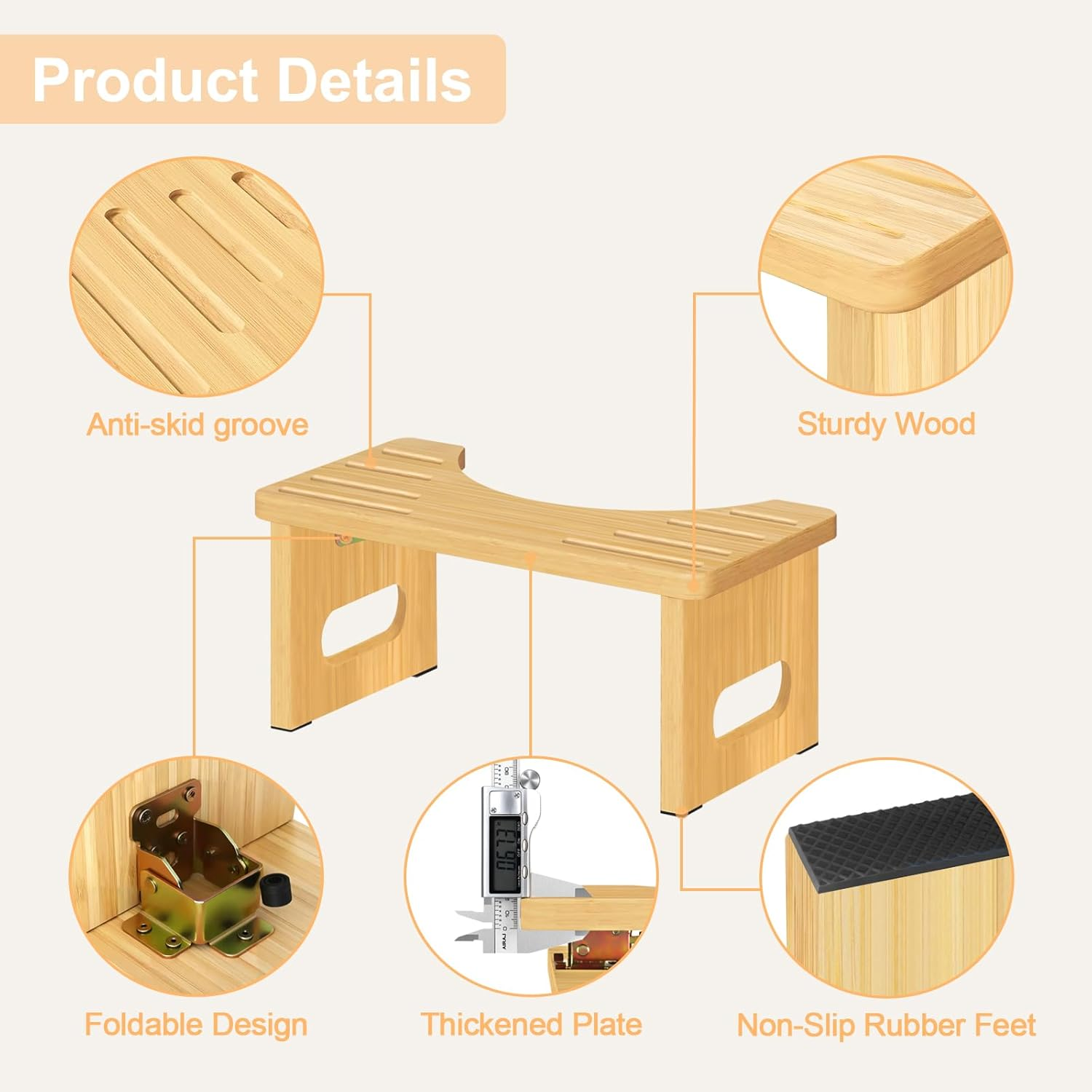 Raylove Toilet Stool Squat Adult Foldable 7 Inch Poop Stool - Portable Bathroom Stool for Adults with Easy Storage, Relieves Bloating & Straining, Natural Color image number 6