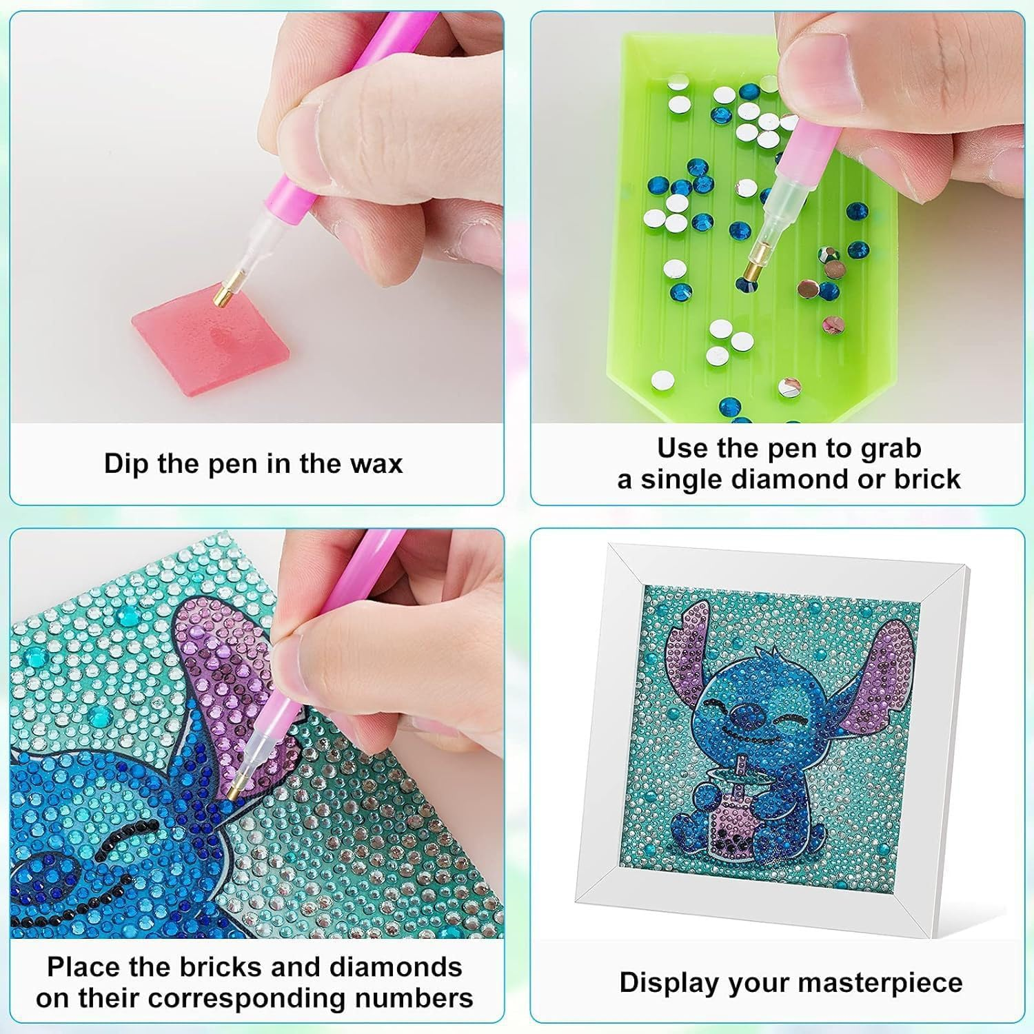 5D Diamond Painting Kit for Kids, Stitch Design, 7X7 Inch Frame, Beginner Full Drill Gem Art Set, Easy Small Anime Diamond Painting