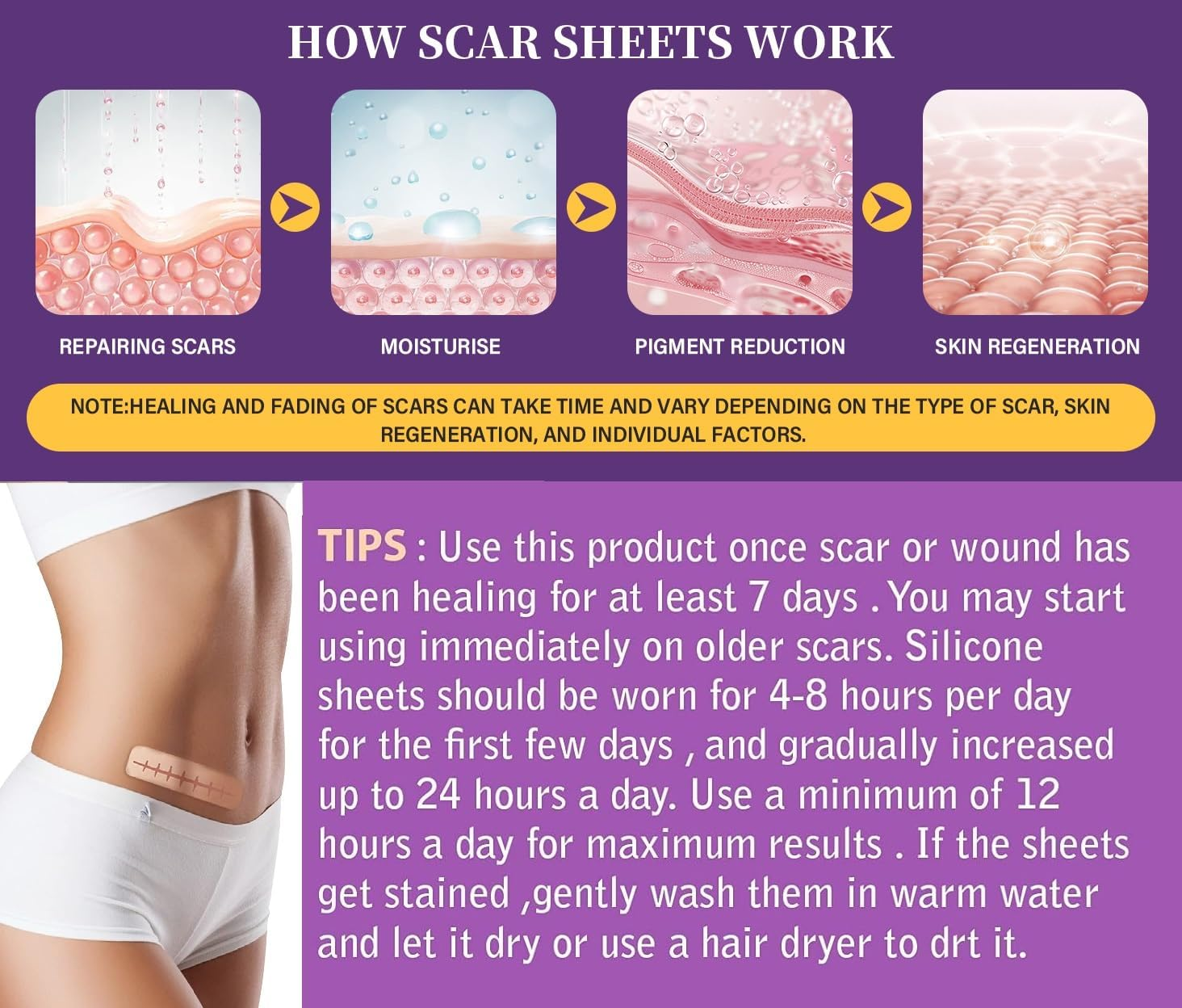 Silicone Scar Tape, Advanced Professional Removal Patch Strips, Reusable Sheets, for Keloid Scars, C Section, Burn, Scratch, Birthmarks, Tummy Tuck, Acne Etc., Works with Old and New Scar (4X150Cm Roll) image number 5