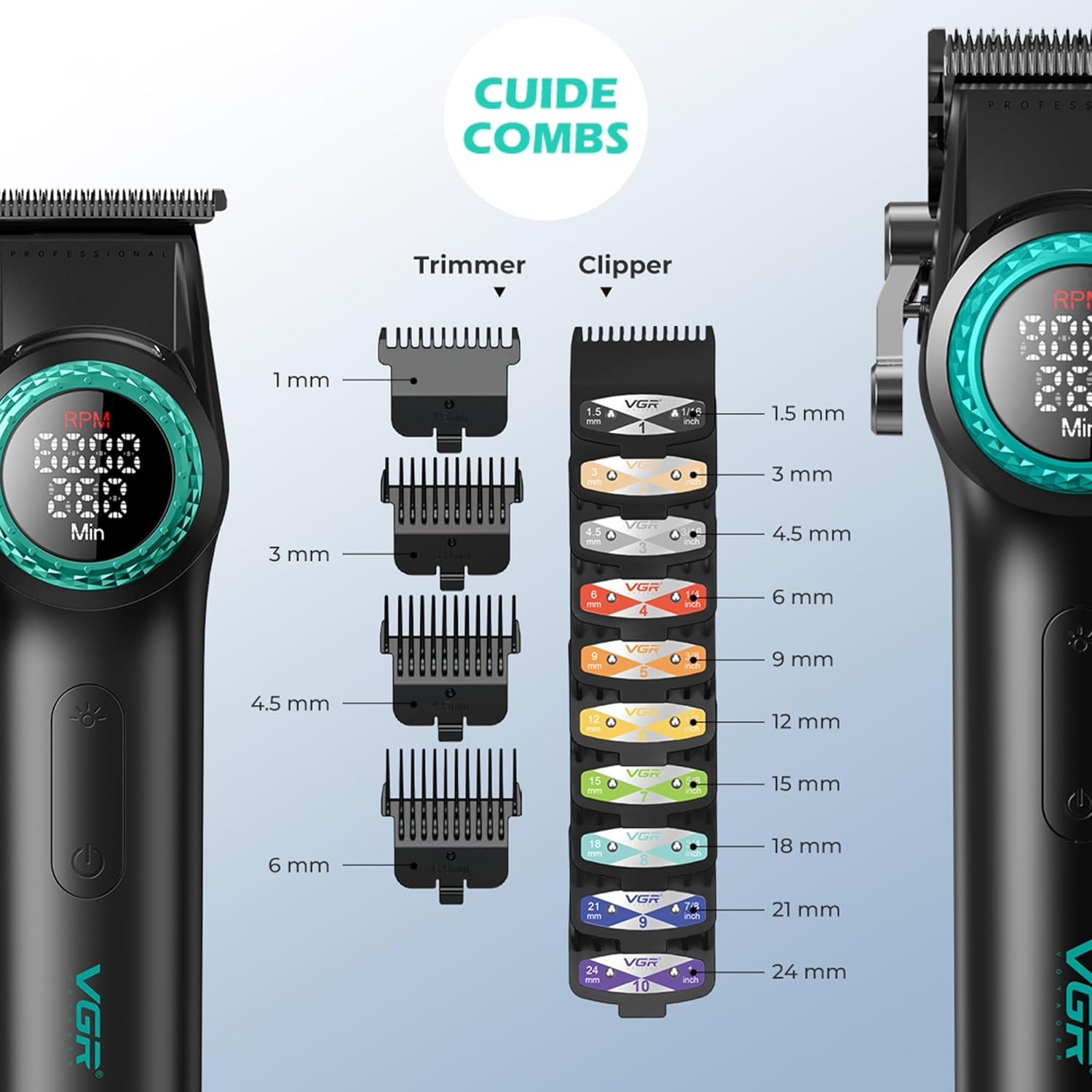 VGR 3-In-1 Professional Hair Trimmer Set with Men'S Hair Trimmer, Trimmer and Razor, Equipped with Improved Motor, Integrated Charging Station, LED Display and Storage Box, Black image number 6