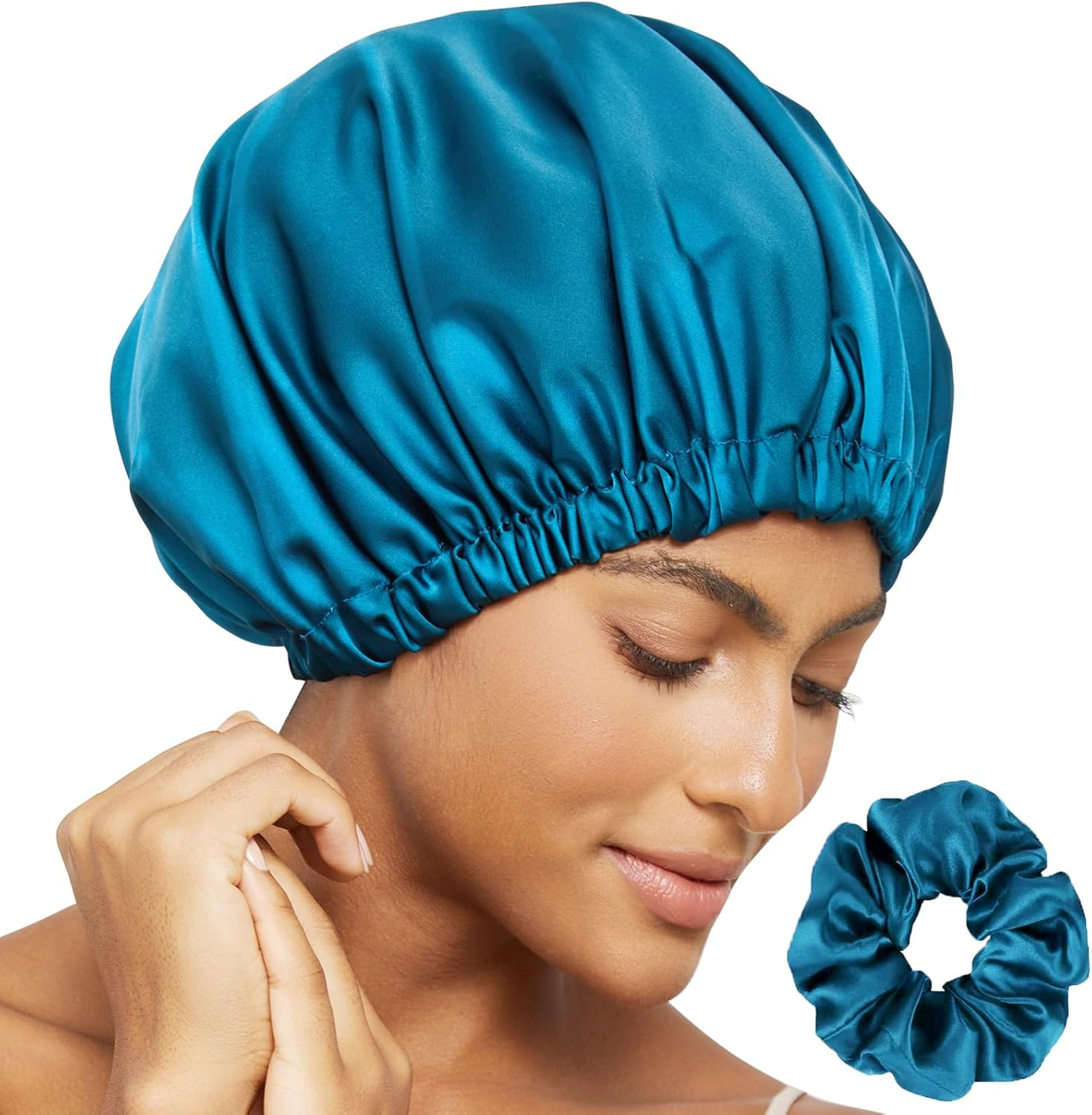 Satin Bonnet Silk Bonnet for Sleeping Women, Double Layer Hair Bonnet Wrap Sleep Cap for Women Curly Hair, Black, One Size