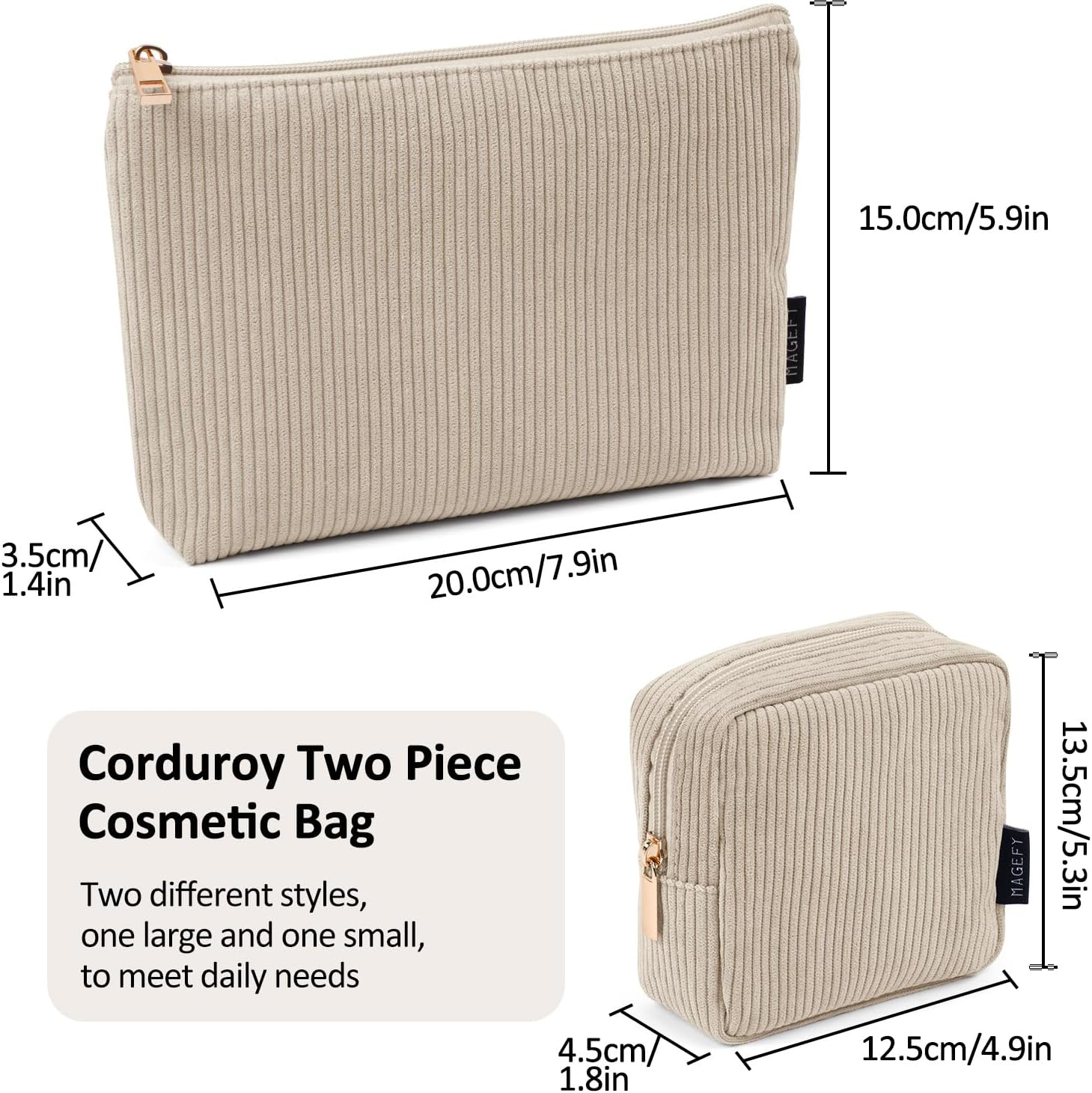 MAGEFY 2 Pcs Makeup Bag Small Makeup Bag for Purse Corduroy Makeup Pouch for Girls Cosmetic Bag for Women(Beige)