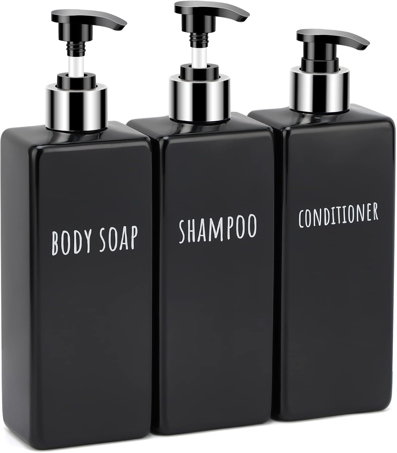 Segbeauty Square Soap Dispenser Black, 3Pcs 16.9Oz Refillable Shampoo & Conditioner Bottles, 500Ml Empty Reusable Plastic Pump Bottle Bathroom Shower Set for Body Wash Liquid Gel Lotion (SBFBA160931)