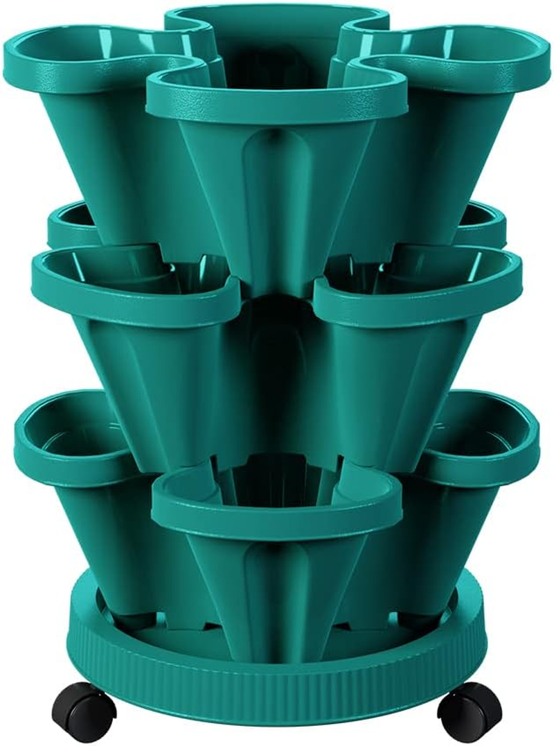 Strawberry Stacking Planters, Vertical Garden Tower, 3 Tiered Stackable Herb Vegetable Planters with Movable Casters and Bottom Saucer Indoor and Outdoor - Hunter Green image number 3
