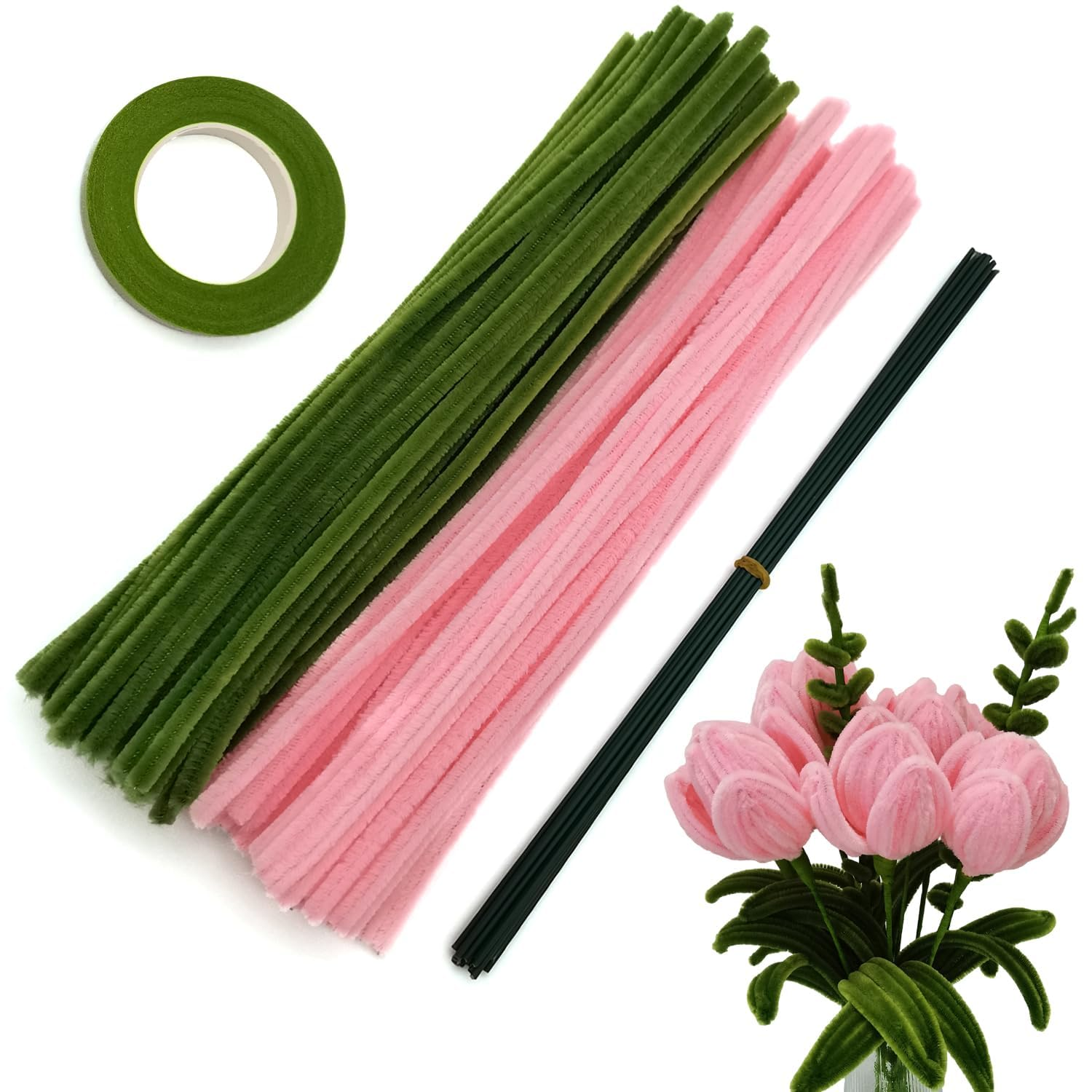 200Pcs Pipe Cleaners Craft Supplies Set, Pink Olivegreen Pastel Chenille Stems with 20Pcs Flower Stems, Chenille Stems for DIY Art and Craft Projects Creative Gift Wrapping Party Decorations image number 5