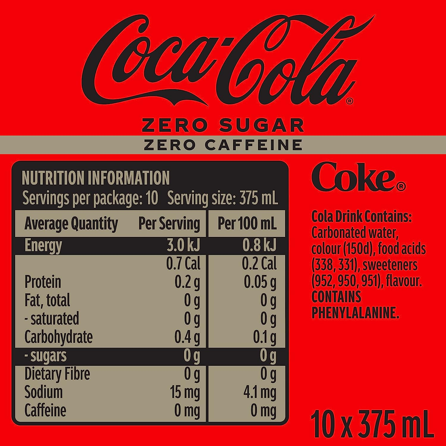 Coca-Cola Zero Sugar Caffeine Free Soft Drink Multipack Cans 20 X 375 Ml