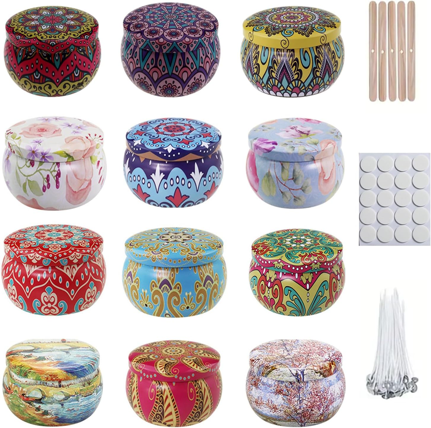 Shgarden 112Pcs Candle Making Kit 12Pcs 2.2Oz Empty Candle Jars with 100Pcs Candle Making Parts Metal Candle Tins Vintage Metal Containers with Lids Wick Holders for DIY and Storage SH0084 (Set B) image number 1