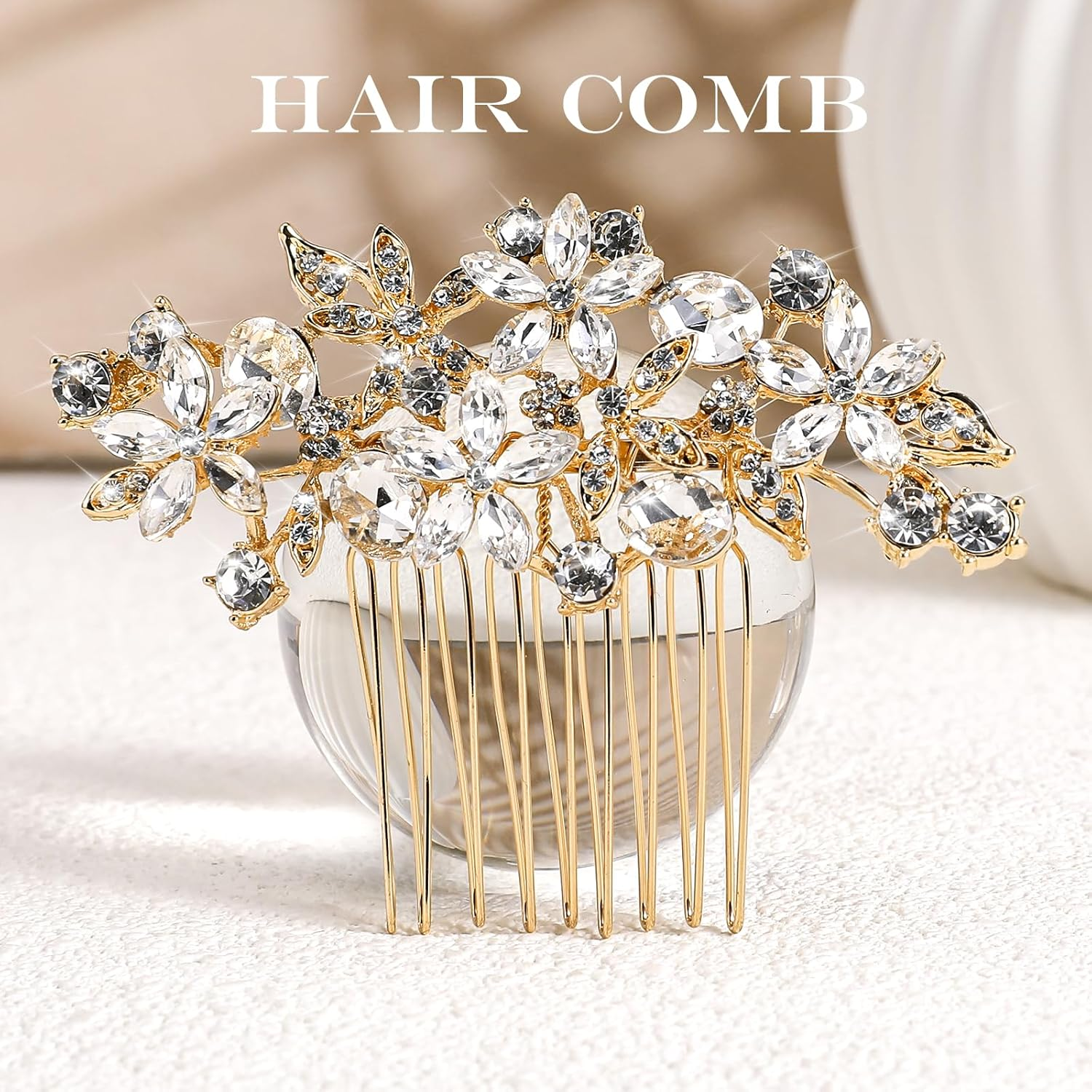 Psyqtsuary Bridal Hair Comb, Bling Rhinestone Wedding Hair Comb Glitter Crystal Flower Hair Pieces Decorative Hair Side Comb Bridal Hair Accessories for Women Girls Bridesmaids (Gold)