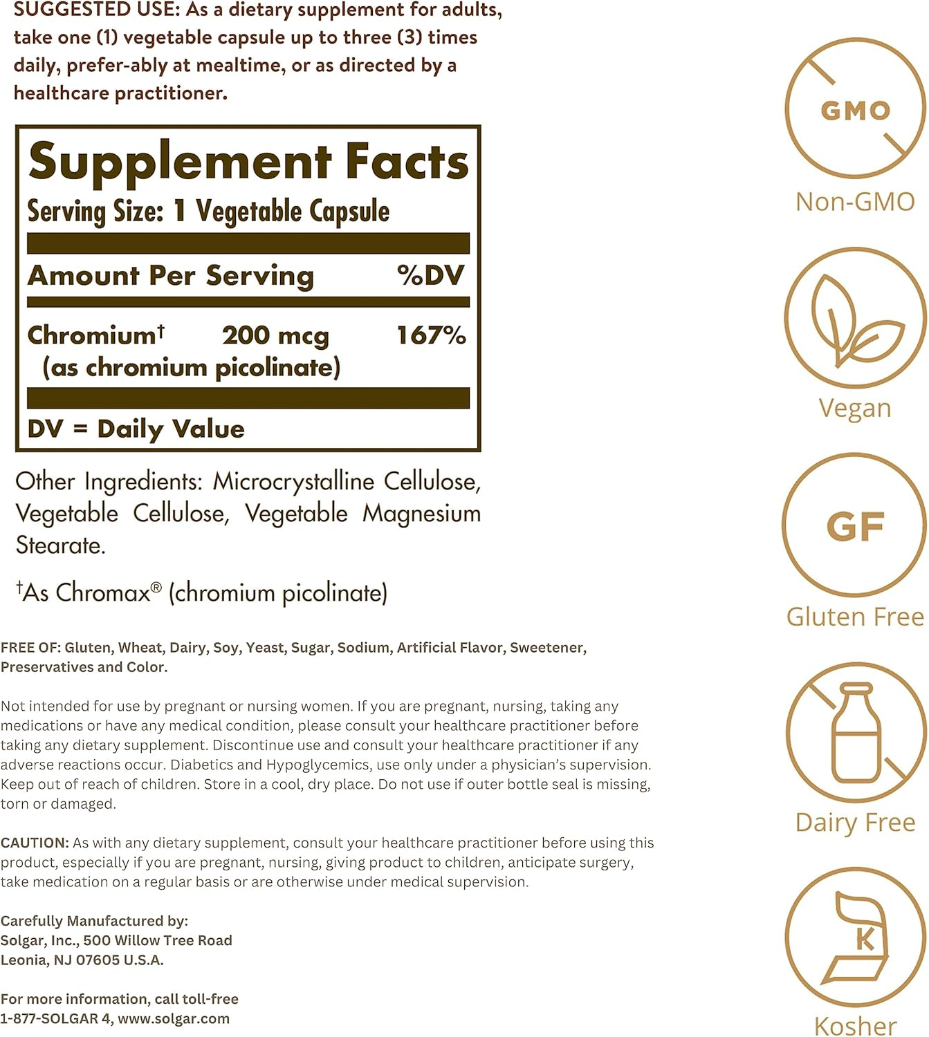 Solgar - Chromium Picolinate 200 Mcg Vegetable Capsules 180 Count image number 5