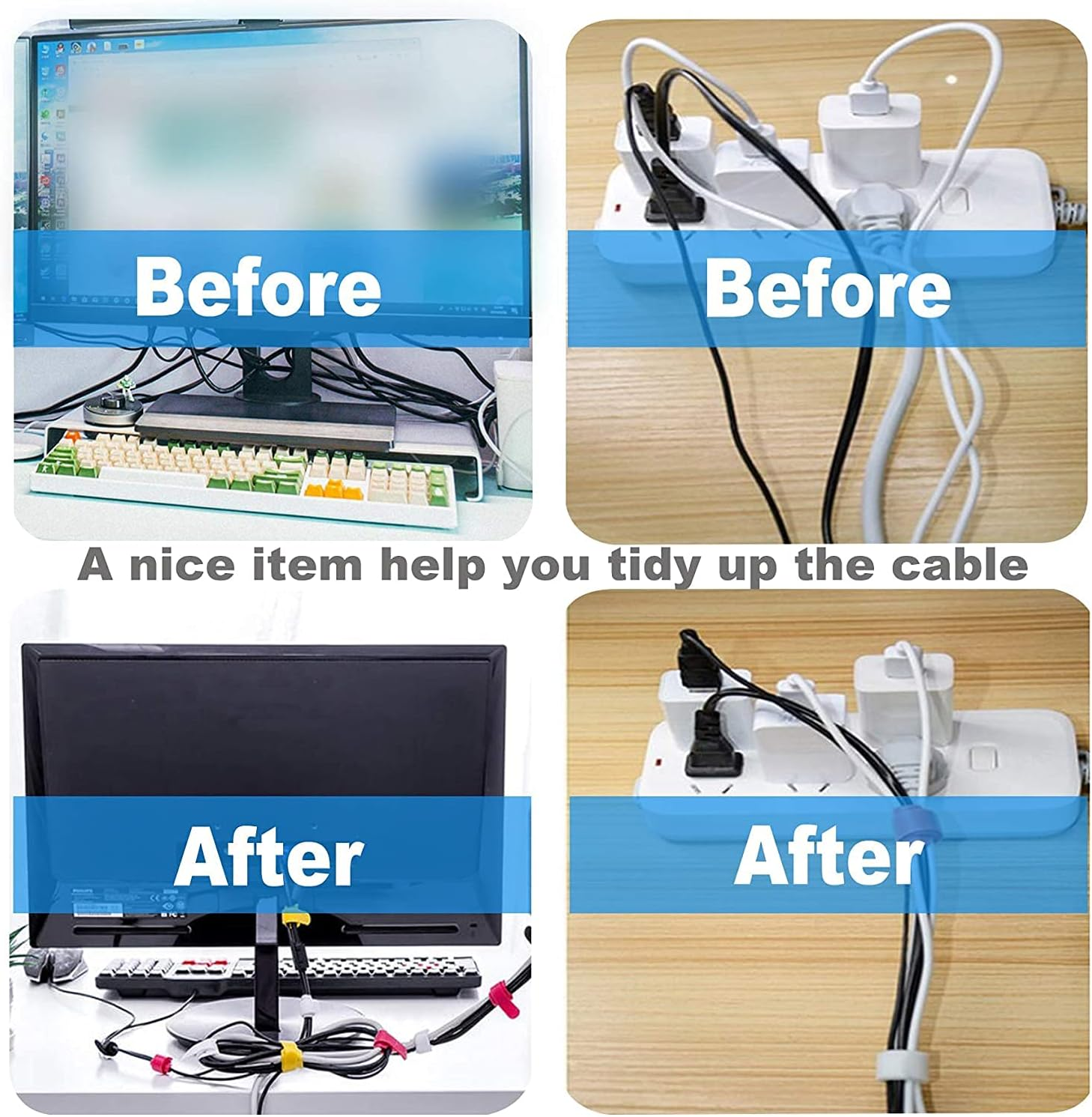 Reusable Cable Ties, Aufondof 60 Pack 6 Color 7.9 Inch Fastening Cable Straps Adjustable Multi-Purpose Hook and Loop Cord Ties, Cable Management Wire Organizer for PC Computer Electronics image number 5