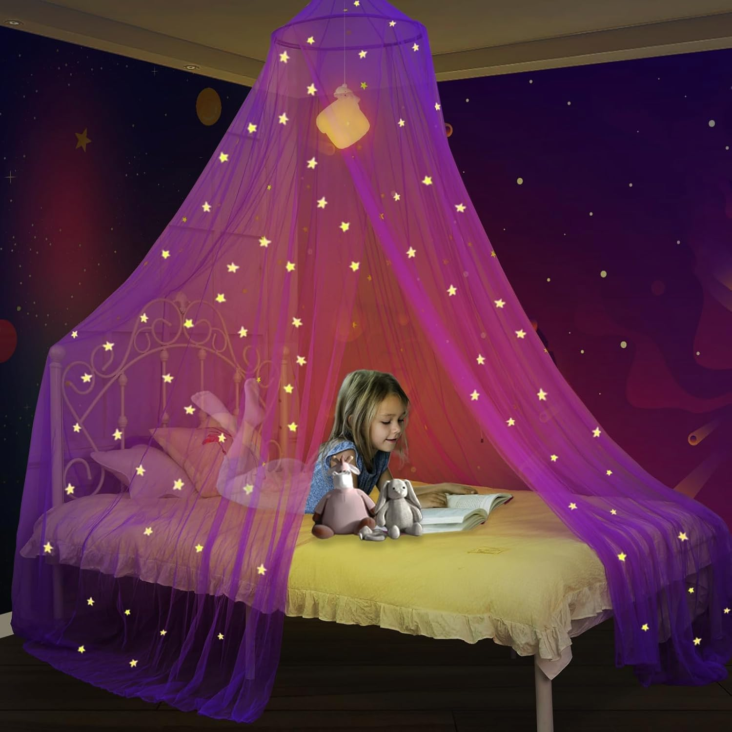 South to East Bed Canopy with Fluorescent Stars Glow in Dark for Baby, Kids, Girls or Adults, Mosquito Net Use to Cover the Baby Crib, Kid Bed, Girls Bed or Full Size Bed, Fire Retardant Fabric