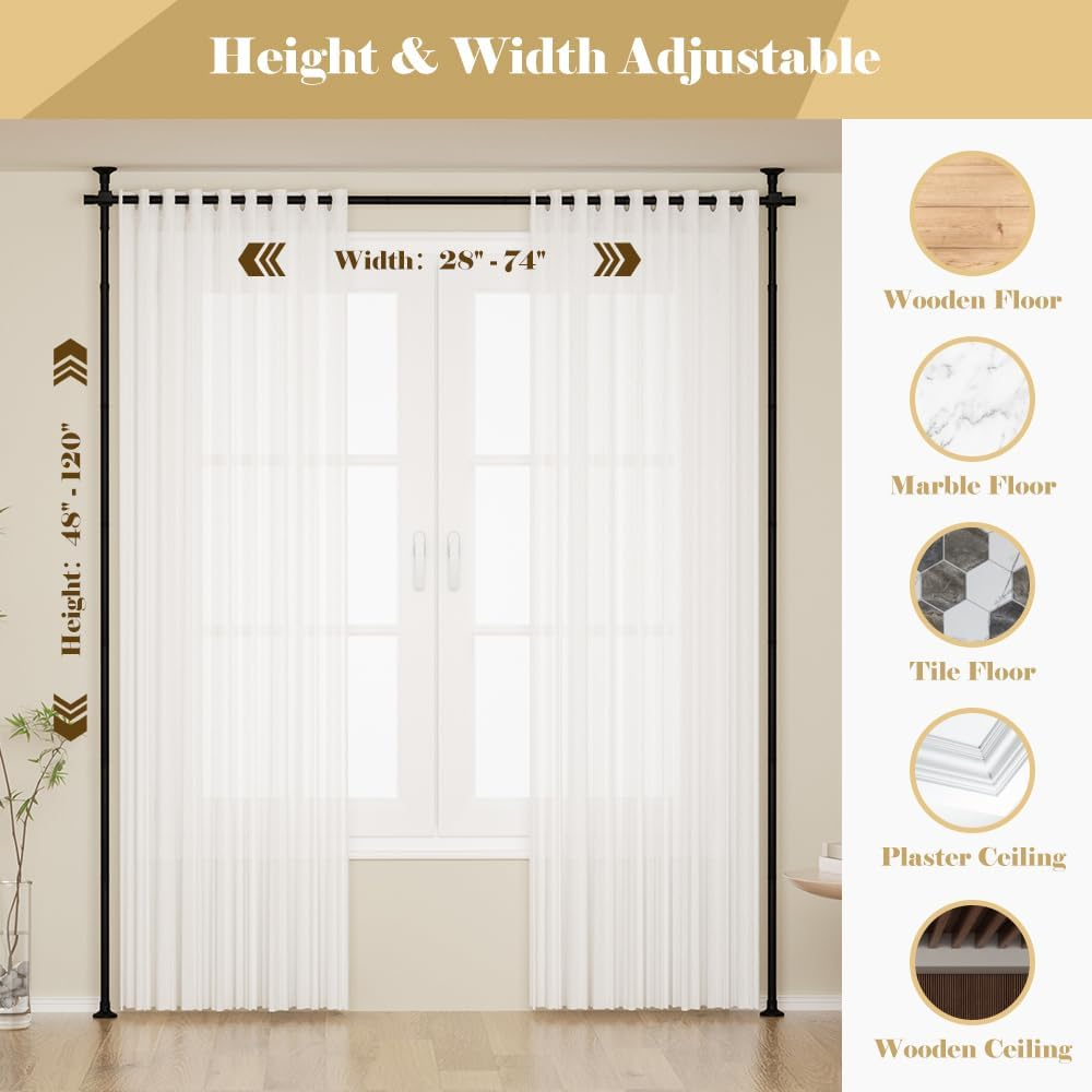Kokorona Room Divider Curtain Rod, Vertical Tension Rod, No Drilling Floor to Ceiling Freestanding Curtain Rod Damage Free, 71-188 Cm(W) 1.2-3 M(H) Expandable Curtain Divider Stand for Room Separation image number 3