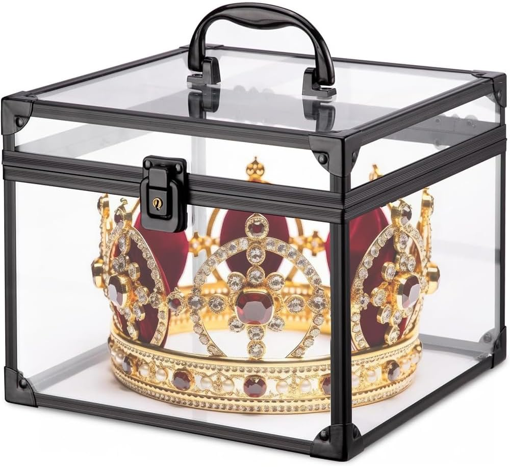 Clear Crown Case, Acrylic Toiletry Organizer Box, Upgraded Large Clear Makeup Train Case, Lockable Crown Travel Box, for Pageants, Vanity, Bathroom, Living Room, Craft Toys