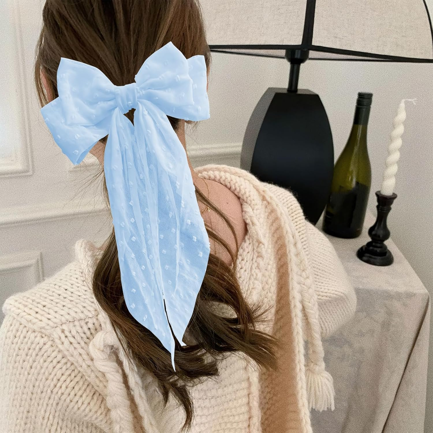 Large Satin Blue Bows - Oversized French Hair Clip Set for Birthday, Wedding, Christmas - Blue image number 6