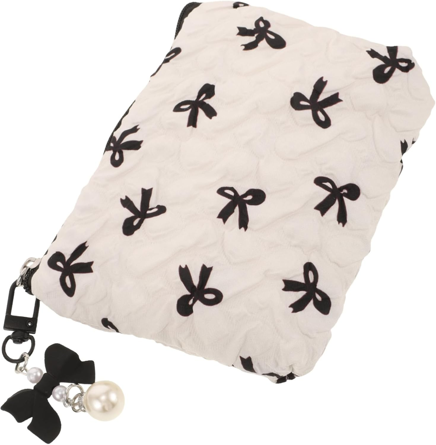 FINISPERSOO Embossed Bow Small Makeup Bag with Wrinkle Design, Portable Cosmetic Organizer Pouch for Women, Cute Toiletries Holder for Travel and Daily Use, Black Bow Detail image number 5