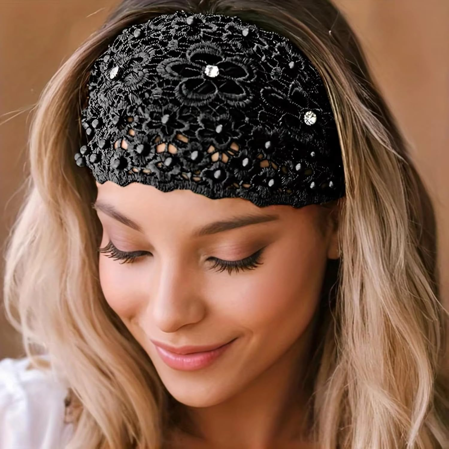 Lace Headbands for Women, Lace Pearl Hollow Elastic Headbands Bohemian Hair Bands Summer Hair Accessories for Women Girls Yoga, Working Out, Gym, Running(3 Colors) image number 3
