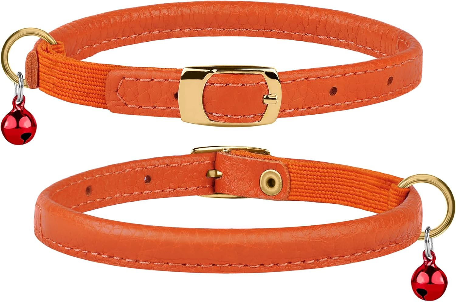Murom Rolled Leather Cat Collar with Elastic Strap Safety Adjustable Pet Collars for Cats Kitten Yellow Red Pink Blue Orange Brown Gray (Orange) image number 1