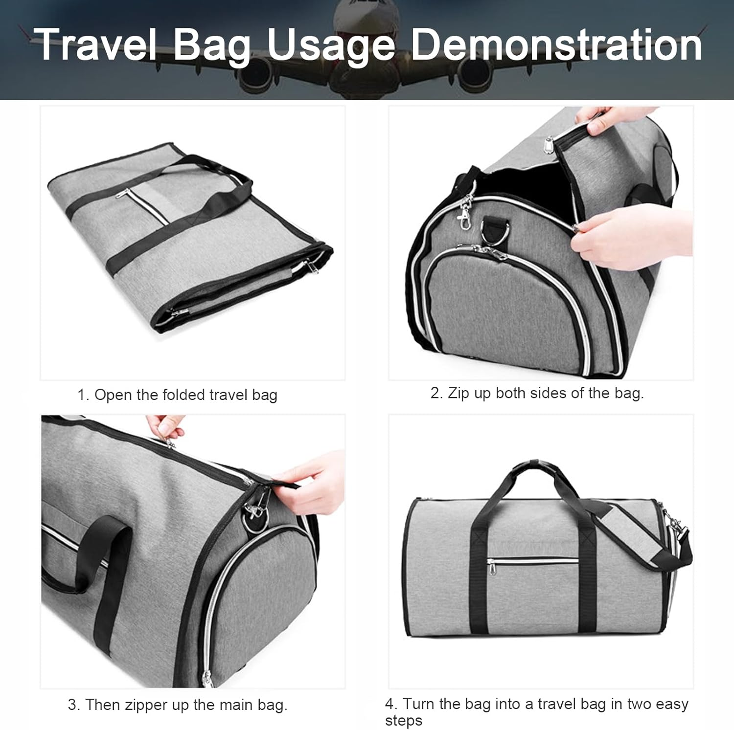 Garment Bag for Travel, Convertible Garment Duffel Bag with Shoes Compartment, 3 in 1 Waterproof Hanging Suitcase Suit Travel Bags Weekender Bag, Large Travel Duffel Bag for Men Women (Black) image number 6