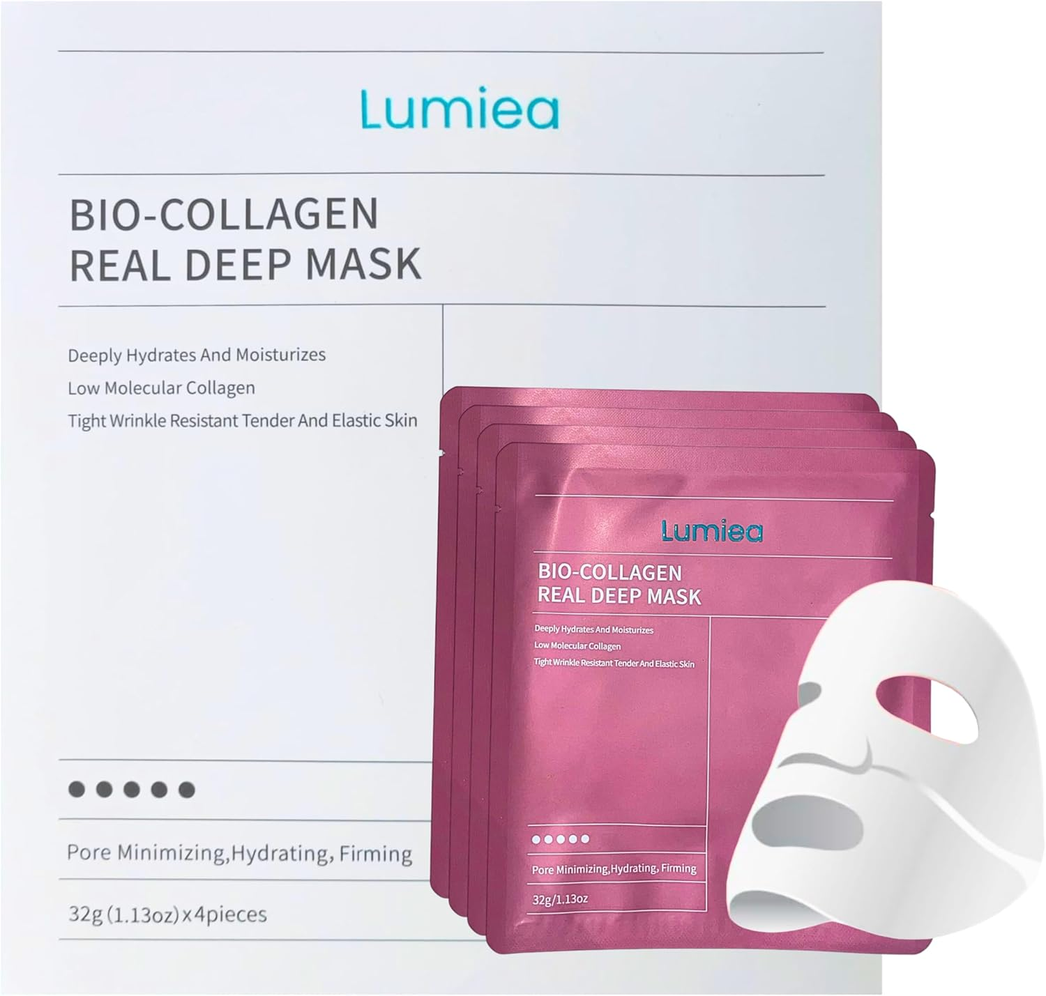 Bio Collagen Original Face Mask (4-Pack), Overnight Deep Hydration, Anti-Aging Sheet Mask, Reduces Wrinkles, Enhances Elasticity & Plumpness, 32G image number 4