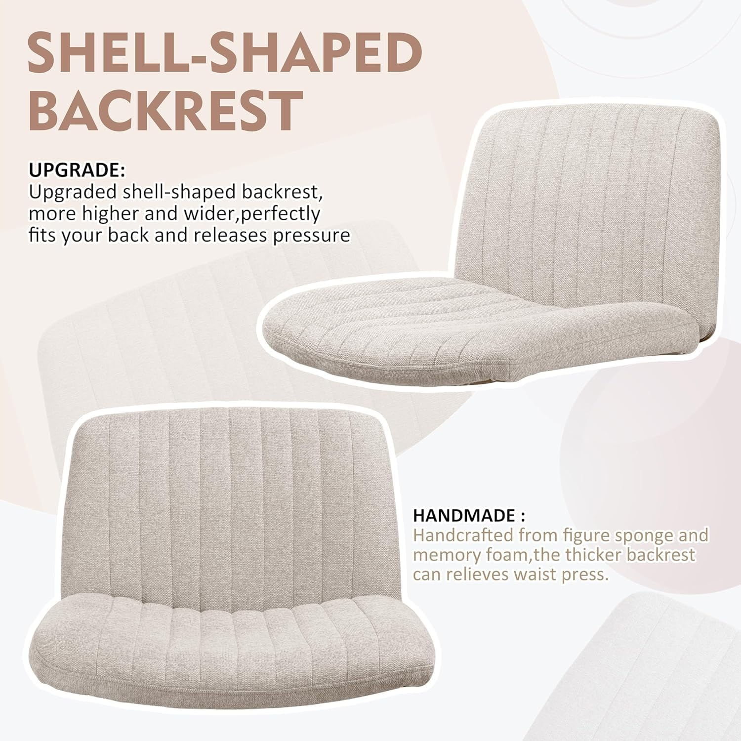 Cross Legged Desk Chair-Wide Seat Fabric Armless Chair Cloth Surface with Wheels and Back, Swivel Desk Chair for Home, Make Up, Bedroom Computer Task Chair, Beige