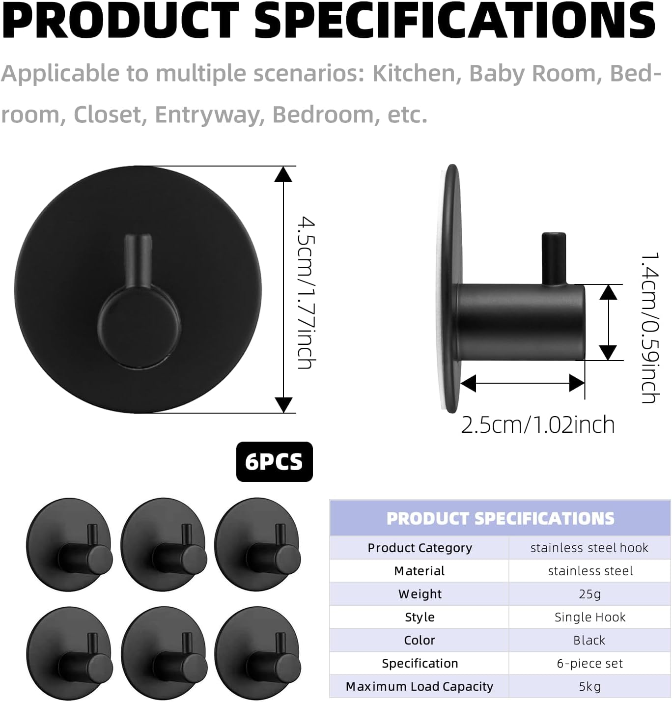 6 Pcs Wall Hook Stainless Steel Adhesive Hooks for Bathroom, Office, Home, Coat Hooks, Towel Hook, No Drill (Black) image number 4