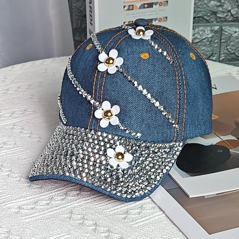 Bling Baseball Cap for Women, Adjustable Rhinestone Sun Hat with Flower Summer Sport Denim Cap