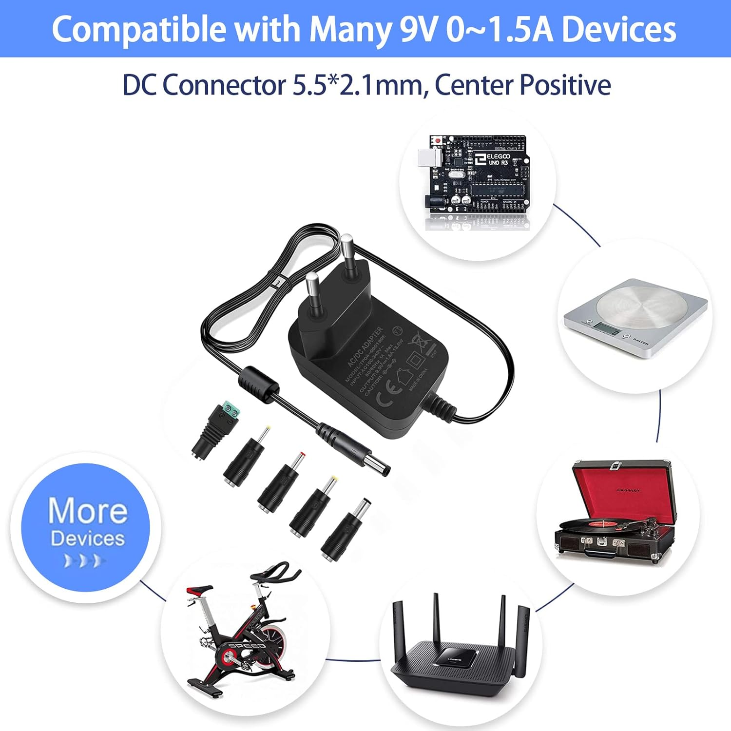 TKDY 9V 1.5A Power Supply Adapter Centre Positive 5.5 X 2.1 Mm, AC 100V-240V to DC 9V 1.5A Charger with 5 Pieces DC Ports for DVD Players, Speakers, Arduino UNO R3, Schwinn Bike A10 and More image number 2