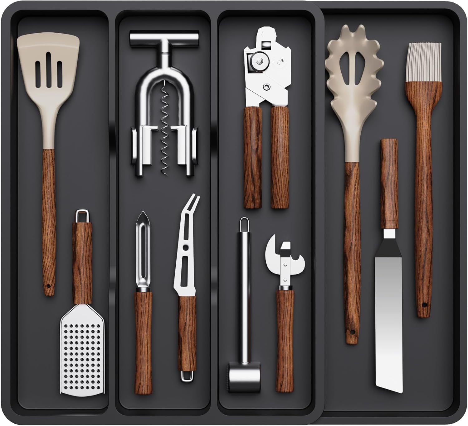 Lifewit Utensil Drawer Organizer, Expandable Cooking Silverware Tray for Kitchen Drawer, Adjustable Cutlery Flatware Holder, Plastic Spatula Tools and Gadgets Storage Divider, 3 Compartments, Black