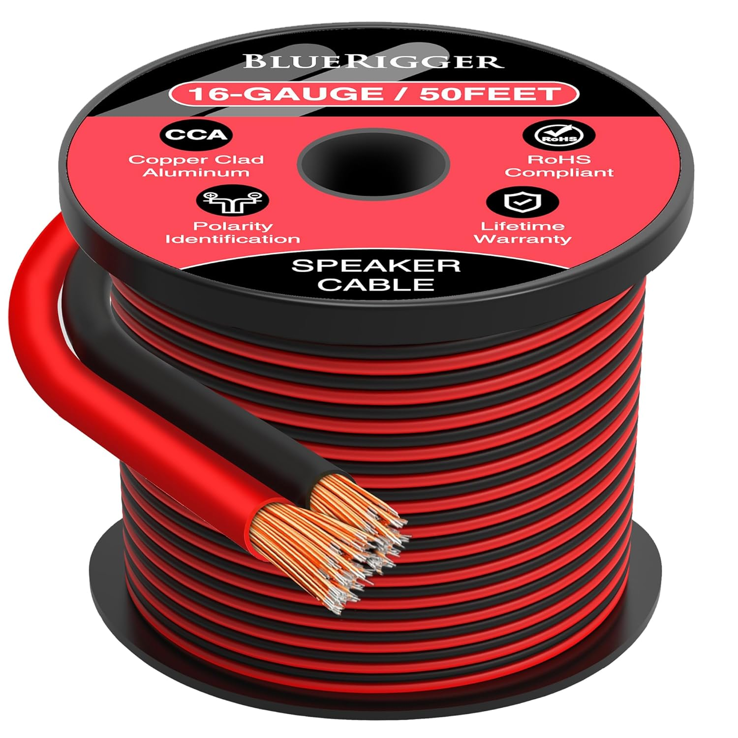 Bluerigger 16 Gauge Speaker Wire (50FT, 16 AWG, Speaker Cable, CCA, Hifi Stereo, Polarity Identification)- Car Audio Wire for Home Theater, Surround Sound Systems, Radio, Automotive Amps, Banana Plugs image number 2