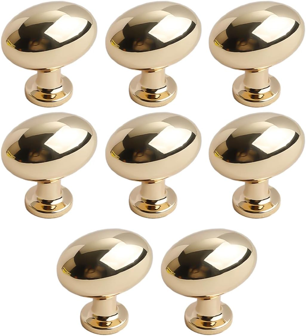 8 Pack Gold Cabinet Knobs 1.3" Brushed Gold Egg Drawer Knobs Zinc Alloy Single Hole Pulls for Dresser 33Mm Oval Cupboard Handles for Kitchen Wardrobe Cabinet Bathroom Hardware (8, Brushed Gold)