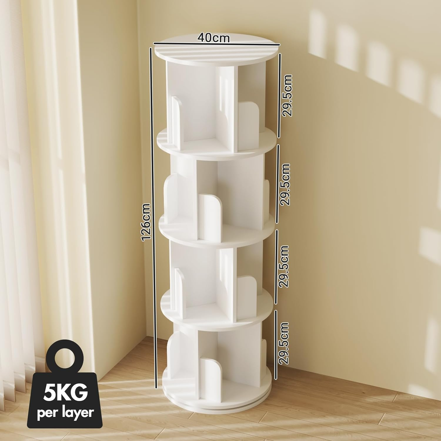 Advwin 4-Tier Rotating Bookshelf 360&deg; Revolving Bookcase Corner round Display Shelf for Living Room Office Kids Room Nursery, White image number 6
