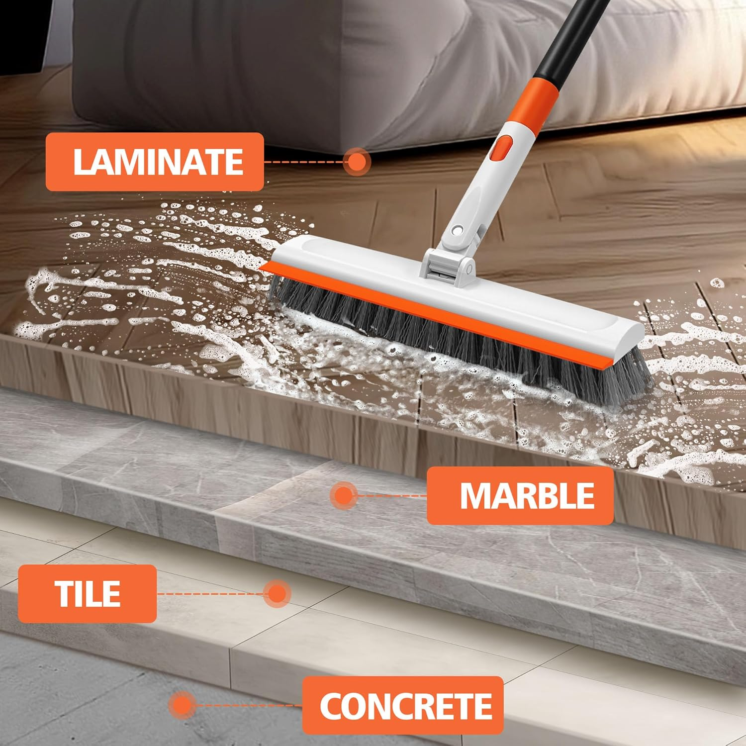 NEWE Floor Scrub Brush with Long Handle, 2 in 1 Stiff Bristles Scrubber Mop with Squeegee for Cleaning Deck Tile Tub Garage Patio Wall Sink Bathroom Kitchen image number 3