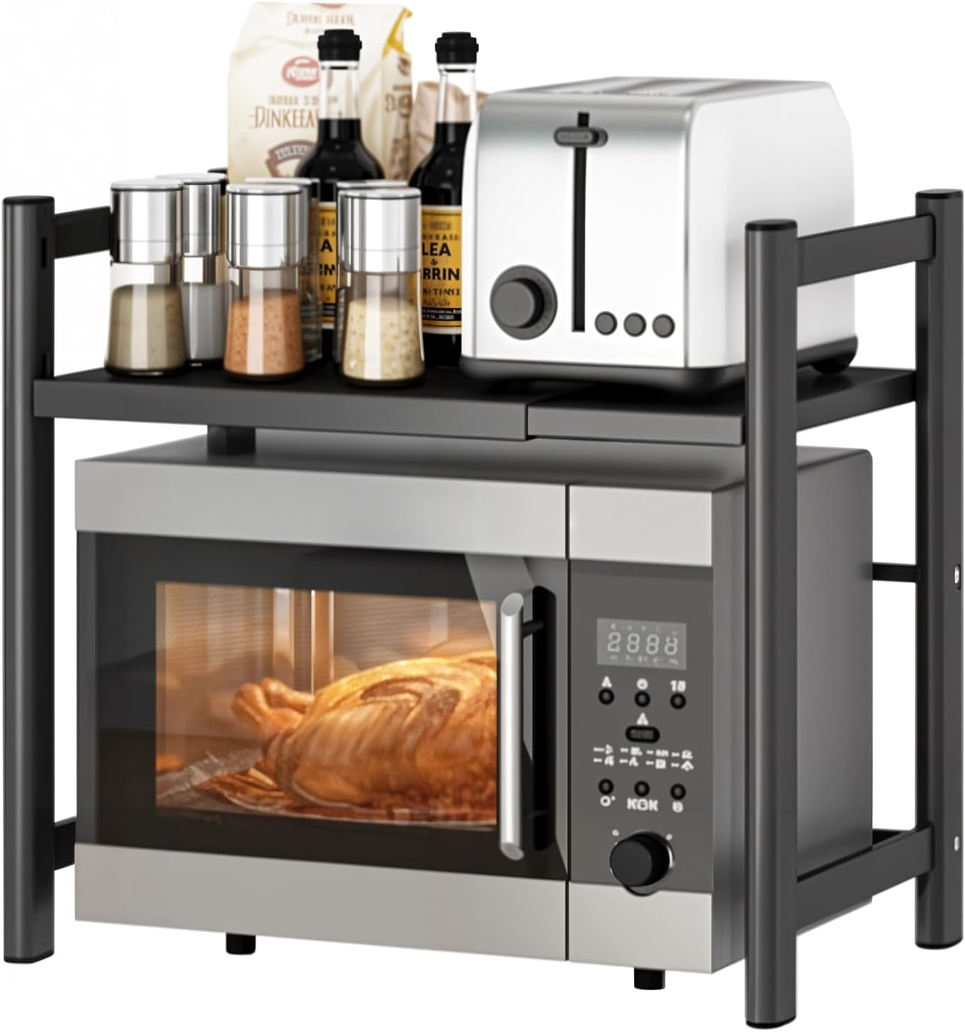 Neulsun Expandable Microwave Stand, 2 Tier Metal Kitchen Countertop Organizer Shelves with 6 Hooks, Microwave Shelf, Microwave Oven Rack (Black) image number 3