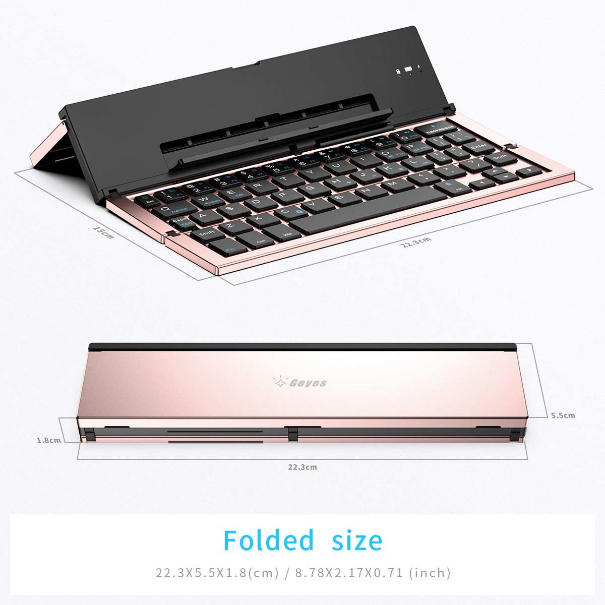 Folding Keyboard,Geyes Portable Travel Bluetooth Keyboard for Iphone12 /11 / Xs Max/X/8/7 Plus/7/6S Plus/6/Ipad 2018 9.7/Air 2 /Pro 9.7/Ipad Mini 5/4, Samsung Android Tablet Smart Phone (Rose Gold)
