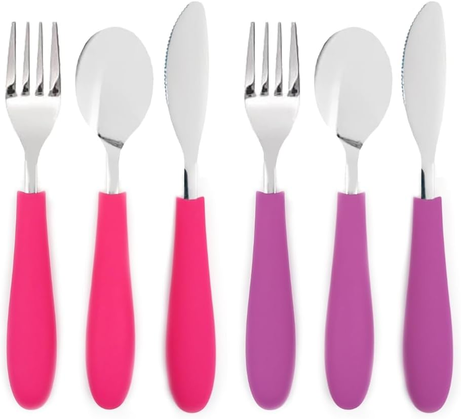 Elk and Friends Kids Silverware with Silicone Handle | Childrens Safe Flatware | Spoon + Fork + Knife Utensil Set | 4 Years+ | Stainless Steel Cutlery | Dishwasher Safe | 6 Pieces