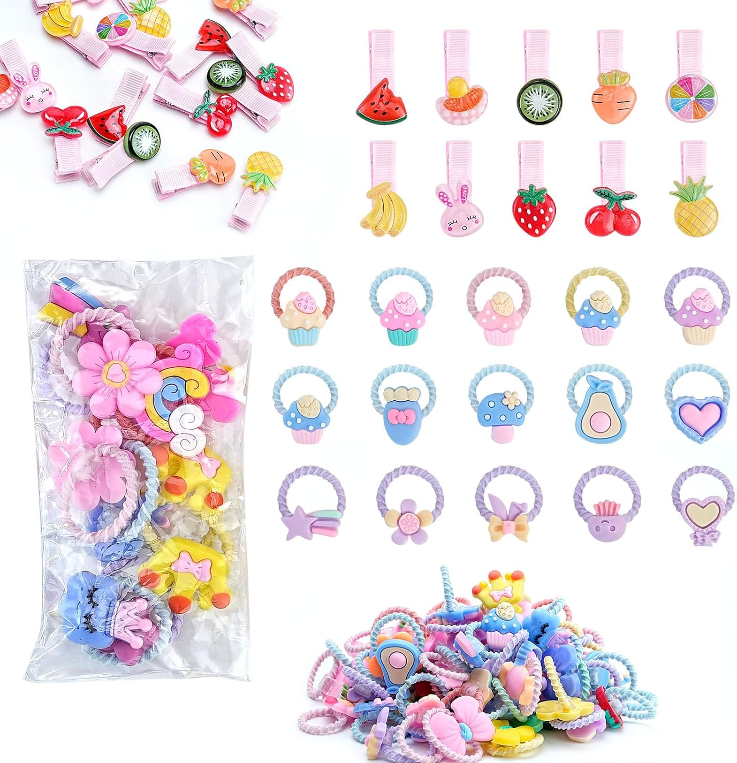 100Pcs Cute Baby Hair Ties, 80Pcs Elastic Hair Ties and 20Pcs Colorful Cute Hair Clips, Cartoon Animal Fruit Hair Accessories for Baby Girls Teens Toddlers, Infants, Teenagers and Children (Pink) image number 5