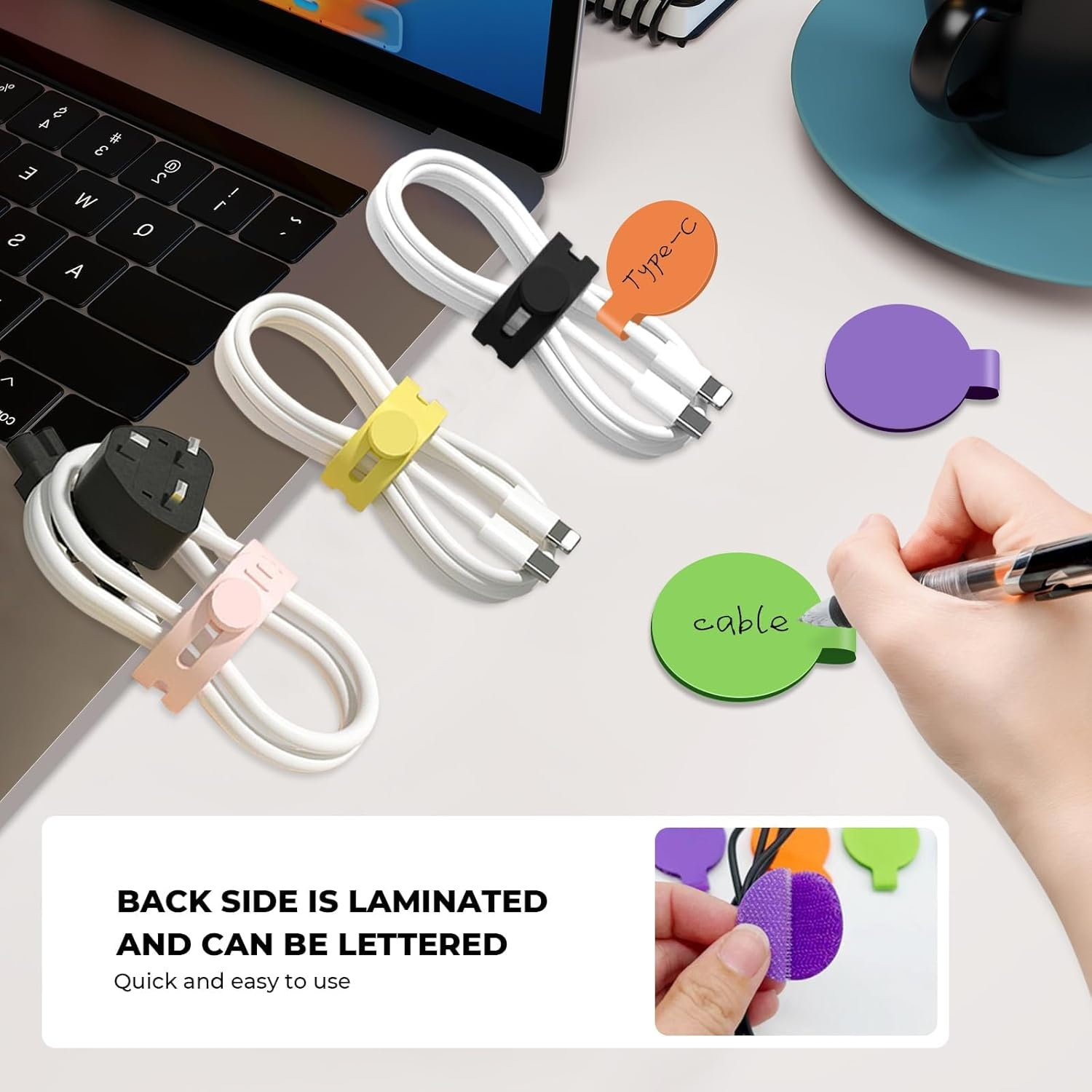 36-Pack Silicone Cable Ties and Cable Labels Sets, 24 Silicone Cord Ties+12 Identification Cord Labels，Reusable Wire Tie and Wire Tags for Cable Management image number 5