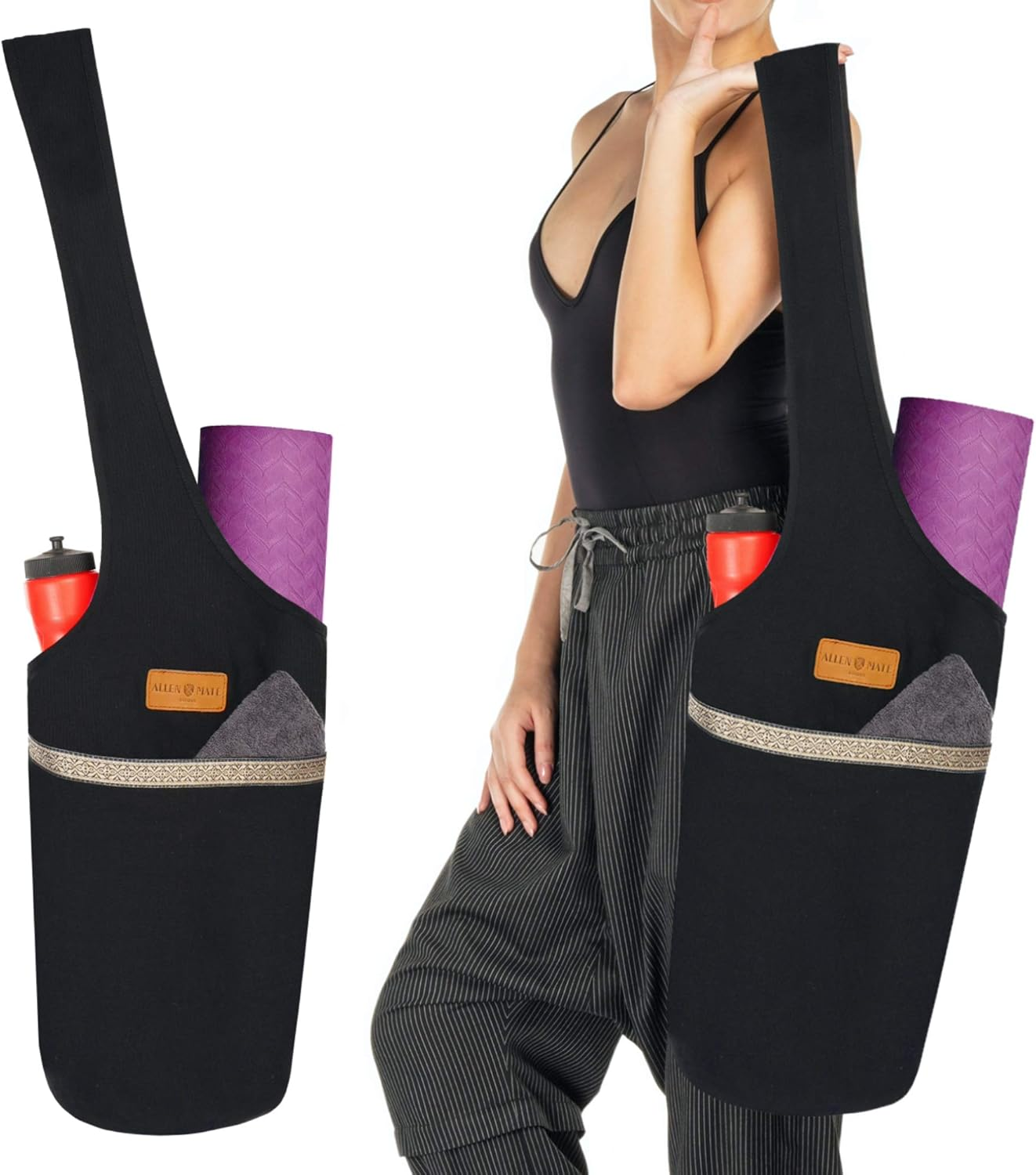 ALLEN & MATE Large Yoga Mat Bag with Side Pocket and Zipper Pocket, Fit Most Size Mats