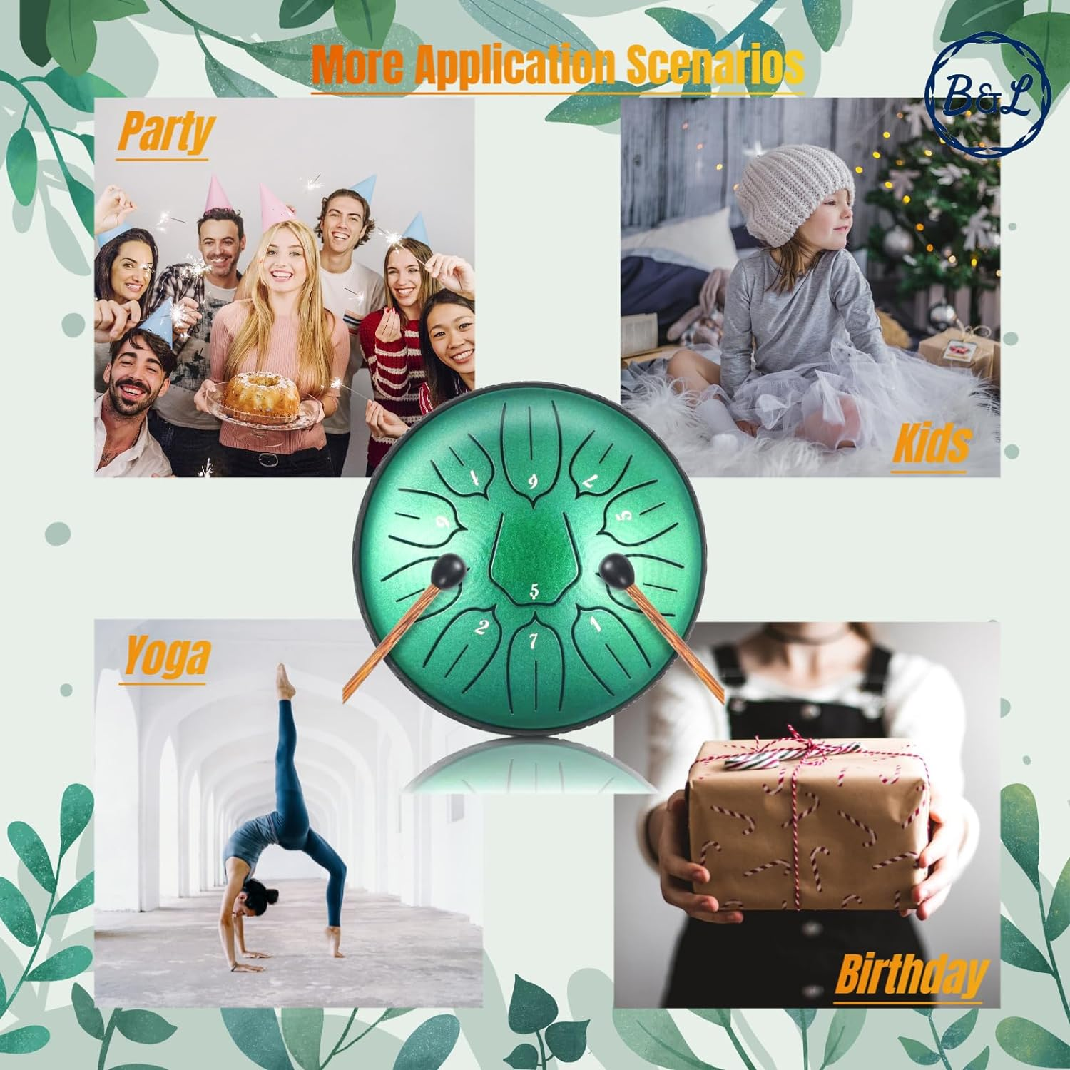 BURNING&LIN Steel Tongue Drum 11 Notes 6 Inches Handpan Drum Percussion for Meditation Yoga Musical Education for Adult& Kids（Green） image number 1